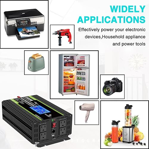 Miniatura 12 de Novopal Inversor de corriente de onda sinusoidal pura de 1000 W, convertidor de corriente de 12 V CC a 110 V/120 V CA, 4 salidas de CA, inversor