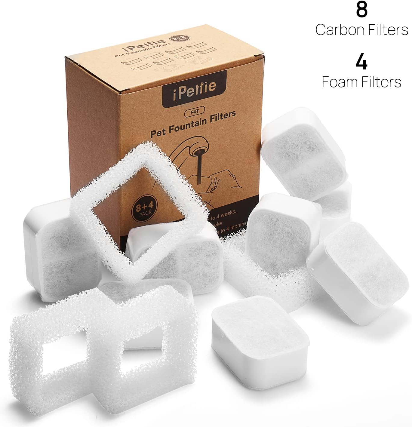iPettie Replacement Filters for Tritone & Fiumi Ceramic Pet Water Fountain, 8PCS Carbon Filters and 4PCS Foam Filters