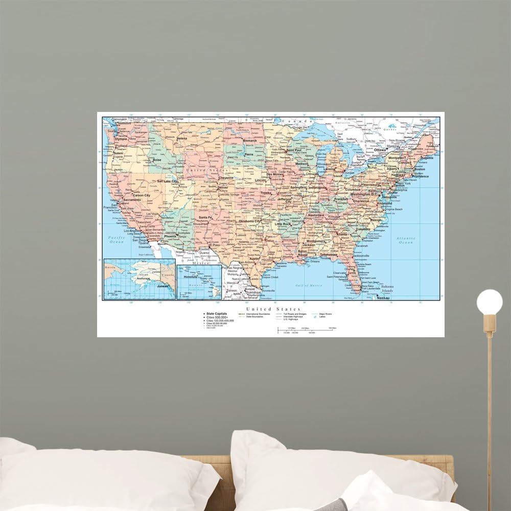 Wallmonkeys GEN-13487-36 WM77538 United States of America Political USA Map Peel and Stick Wall Decals, 36" W x 23" H-Large
