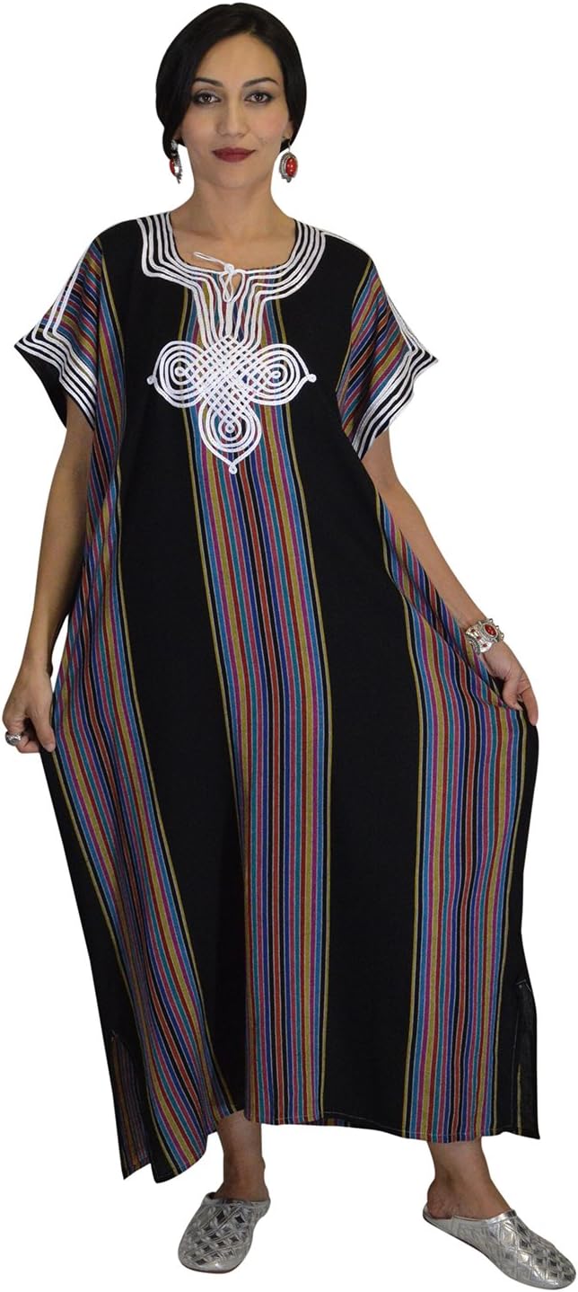 Moroccan Caftan Women Light Weight Linen Handmade with Embroidery Fits Small To Large Coverup Loungewear Ethnic Design Black