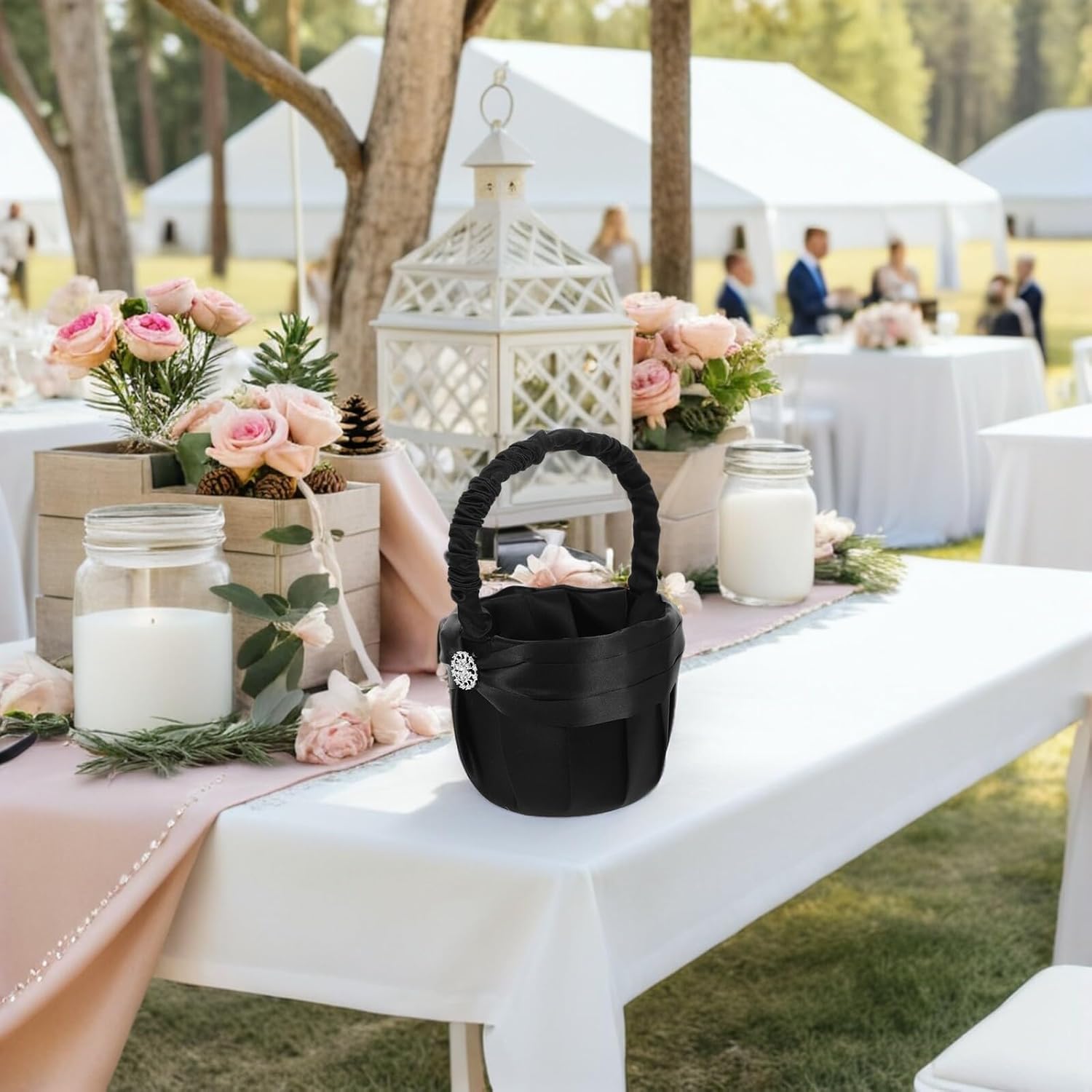 Black Wedding Flower Girl Basket with Rhinestone Decor, 2pcs Handheld Bridal Flower Arrangement Baskets 13x22cm for Engagement and Ceremony Party Supplies
