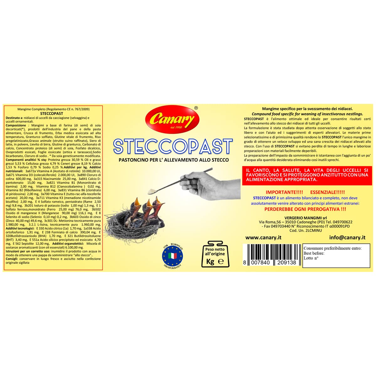 Canary SteccoPast 1 pack da 5kg Mangime in farina da imbecco per uccelli nidiacei - pastoncino per allevamento allo stecco, uccellini pullus, 1 confezione da 5kg