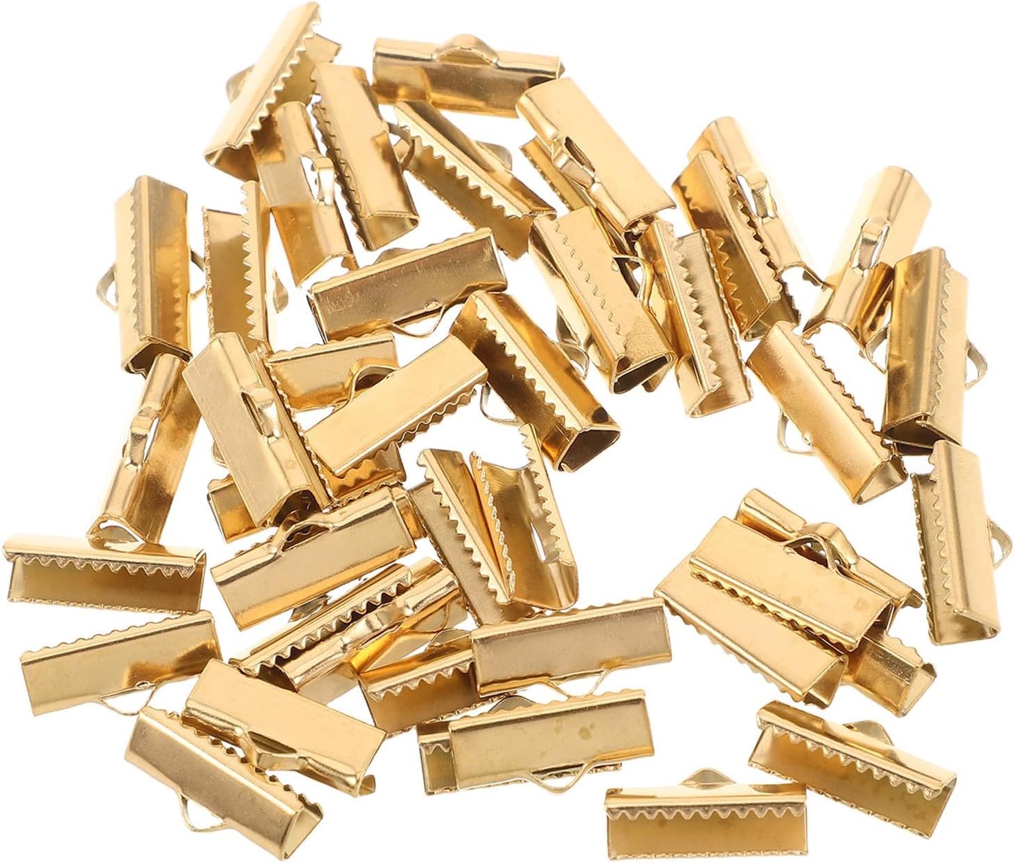 50pcs Gold Ribbon Ends Crimp Connectors for Jewelry Making, Stainless Steel Bracelet Connectors Clasp with Teeth, Sturdy Bead Cord Clips for DIY Jewelry Findings and Small Charms