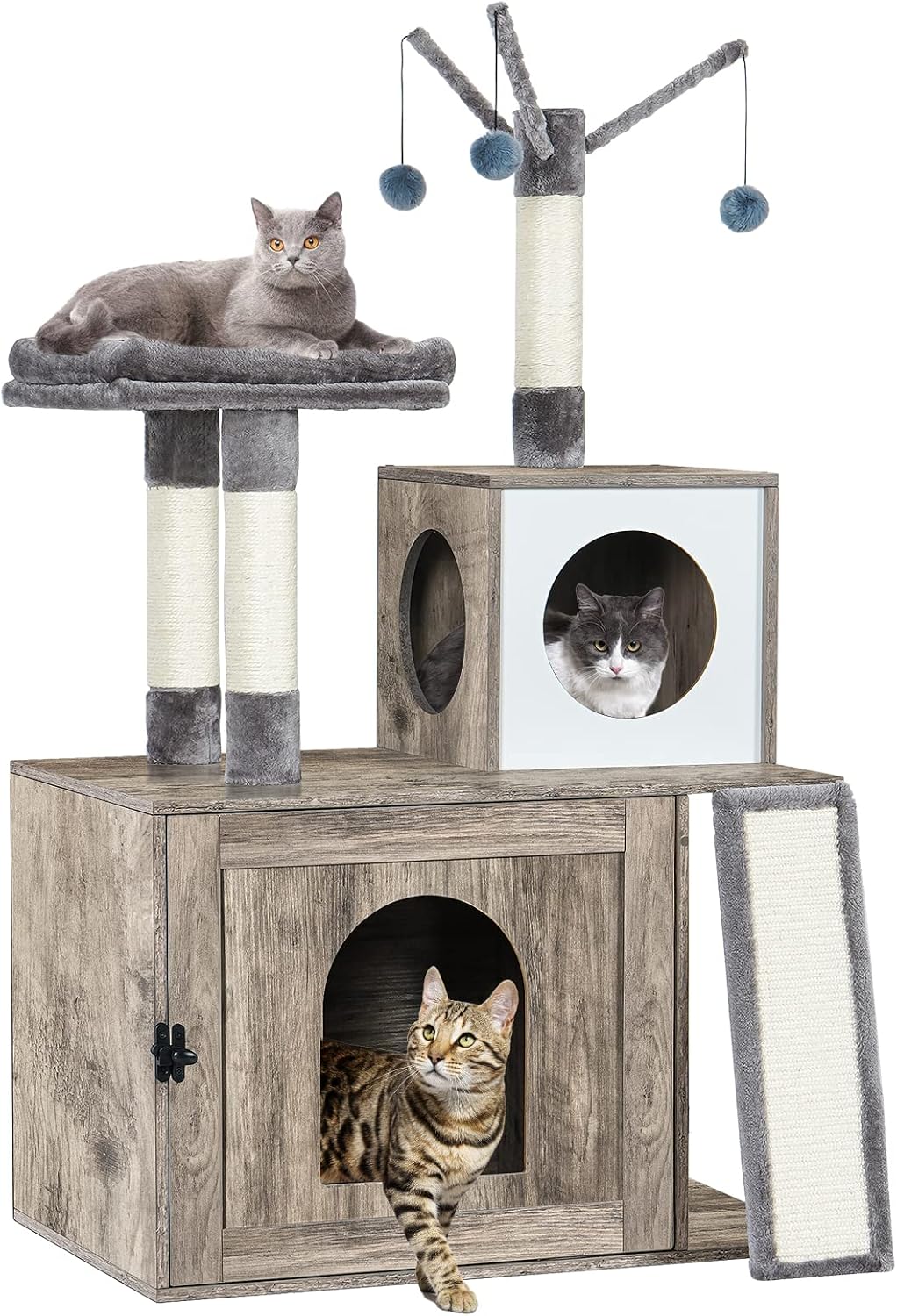 Honiter Cat Litter Box Enclosure, Wooden Cat House with Cat Tree Tower, Hidden Cat Washroom Cabinet with Scratching Post and Soft Plush…