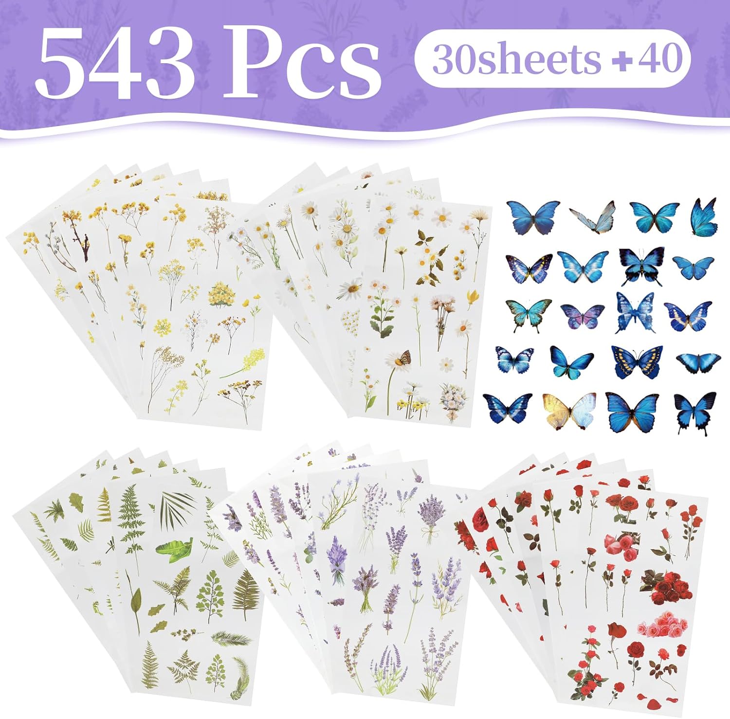 543PCS，70 Sheets Natural Flower Stickers for Scrapbooking，Self-Adhesive Transparent Flower Sticker ，Botanical Journaling Stickers for Letter Writing, DIY Journaling, and Laptop Personalization