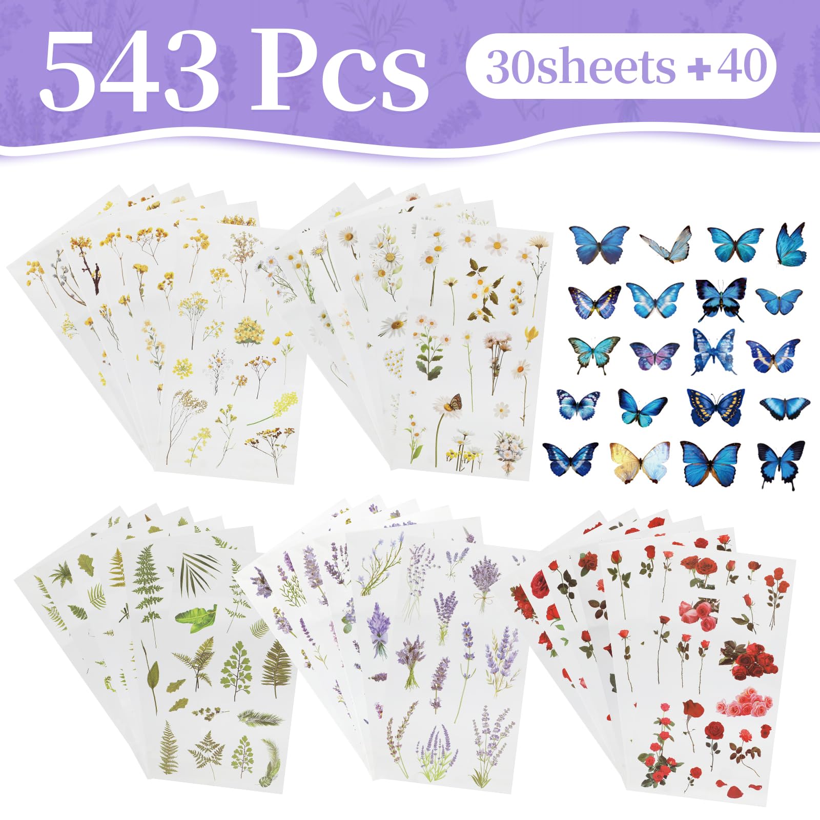 553 szt., 80 arkuszy naturalnych naklejek kwiatowych do scrapbookingu, samoprzylepne przezroczyste naklejki kwiatowe, botaniczne naklejki do pisania listów, dziennika DIY i personalizacji laptopa