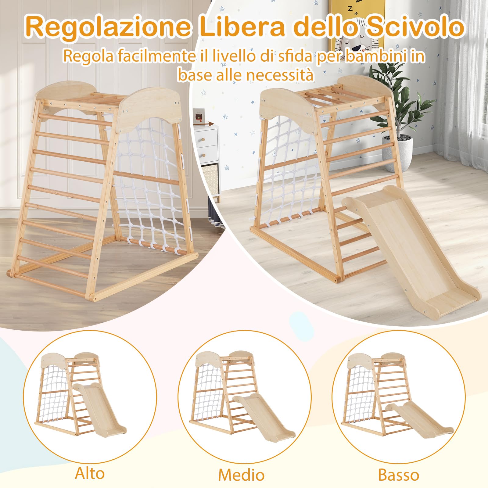RELAX4LIFE Set di Arrampicata Multifunzione, Parco Giochi in legno Massello con Scivolo, Centro Attività da Interno, per Bambini 1 a 5 Anni (67x105x113 cm, Naturale)