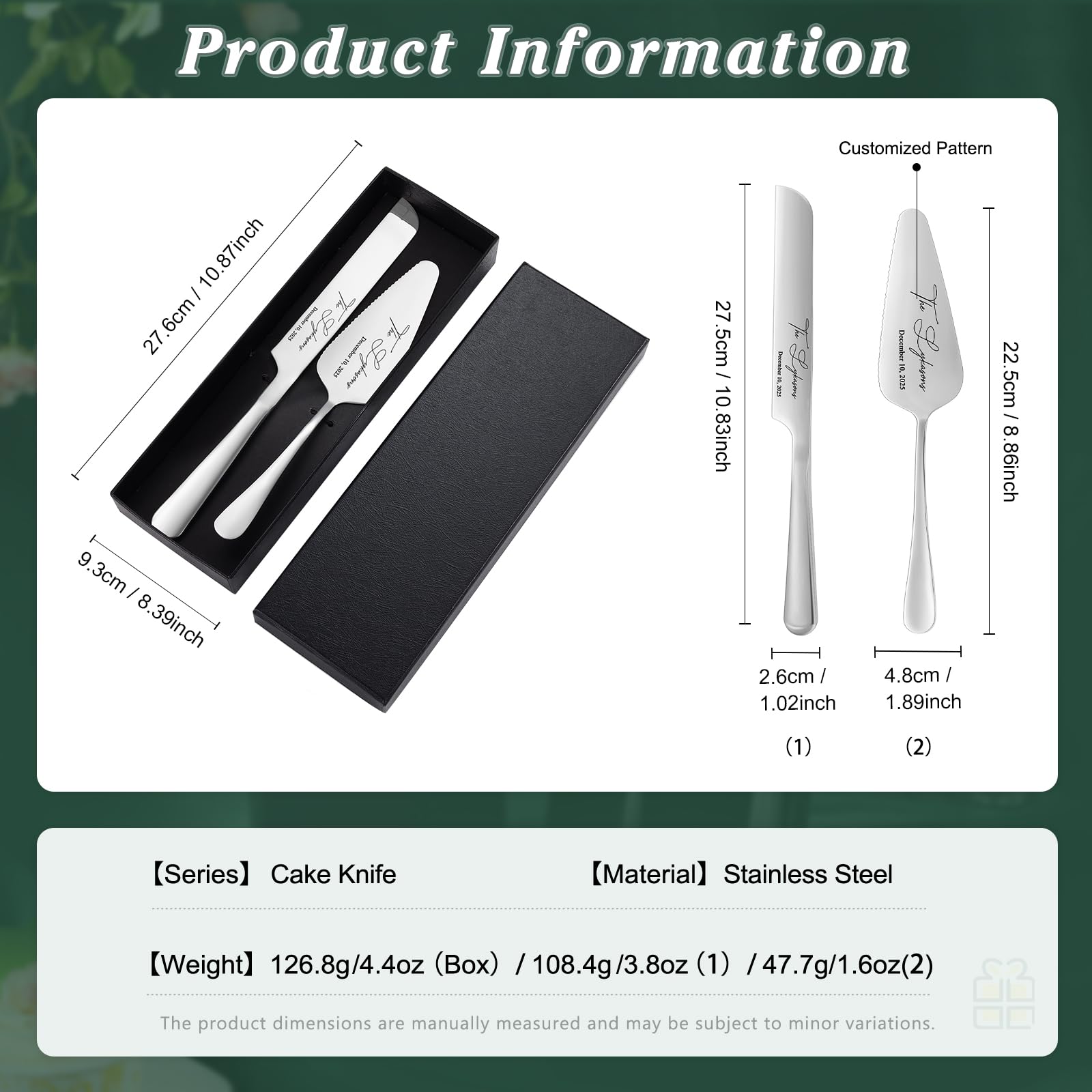 VISENSHO Personalized Wedding Cake Knife and Server Set, Custom Engraved with Name & Date, Stainless Steel Cake Cutter Gift for Wedding Anniversary (White)