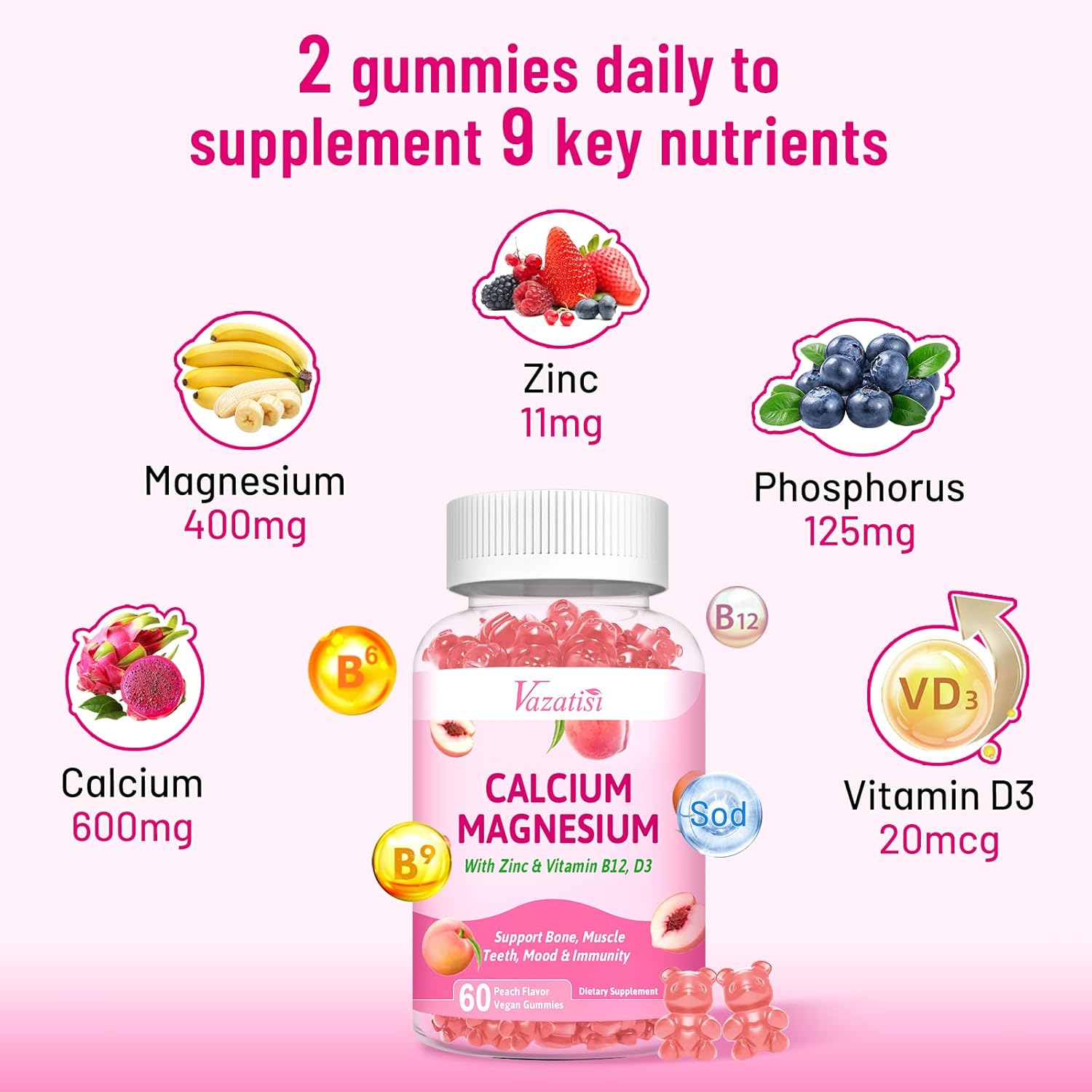 2 Pack Calcium Magnesium Zinc Gummies with Vitamin D3 B12, Calcium Supplements for Women Men, Peach Flavor 120 Cts