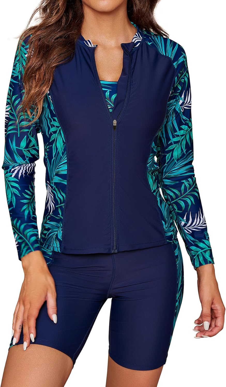 SHEKINI Women's 3 Piece Rash Guard Long Sleeve Swimsuits Zip Bathing Suits with Pants UPF 50+ Shirt