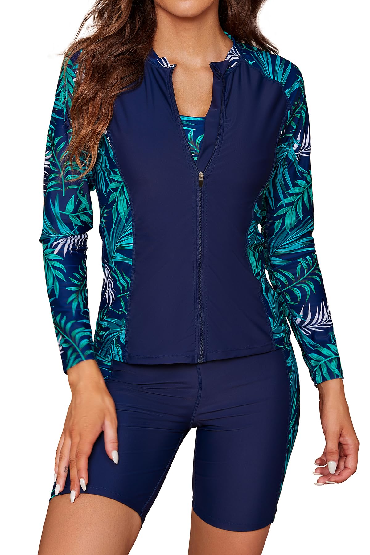 SHEKINI Ensemble de Tankini imprimé 3 pièces à Manches Longues Rash Guard avec Fermeture éclair T-Shirt de Natation, Maillot de Bain, Short de Bain