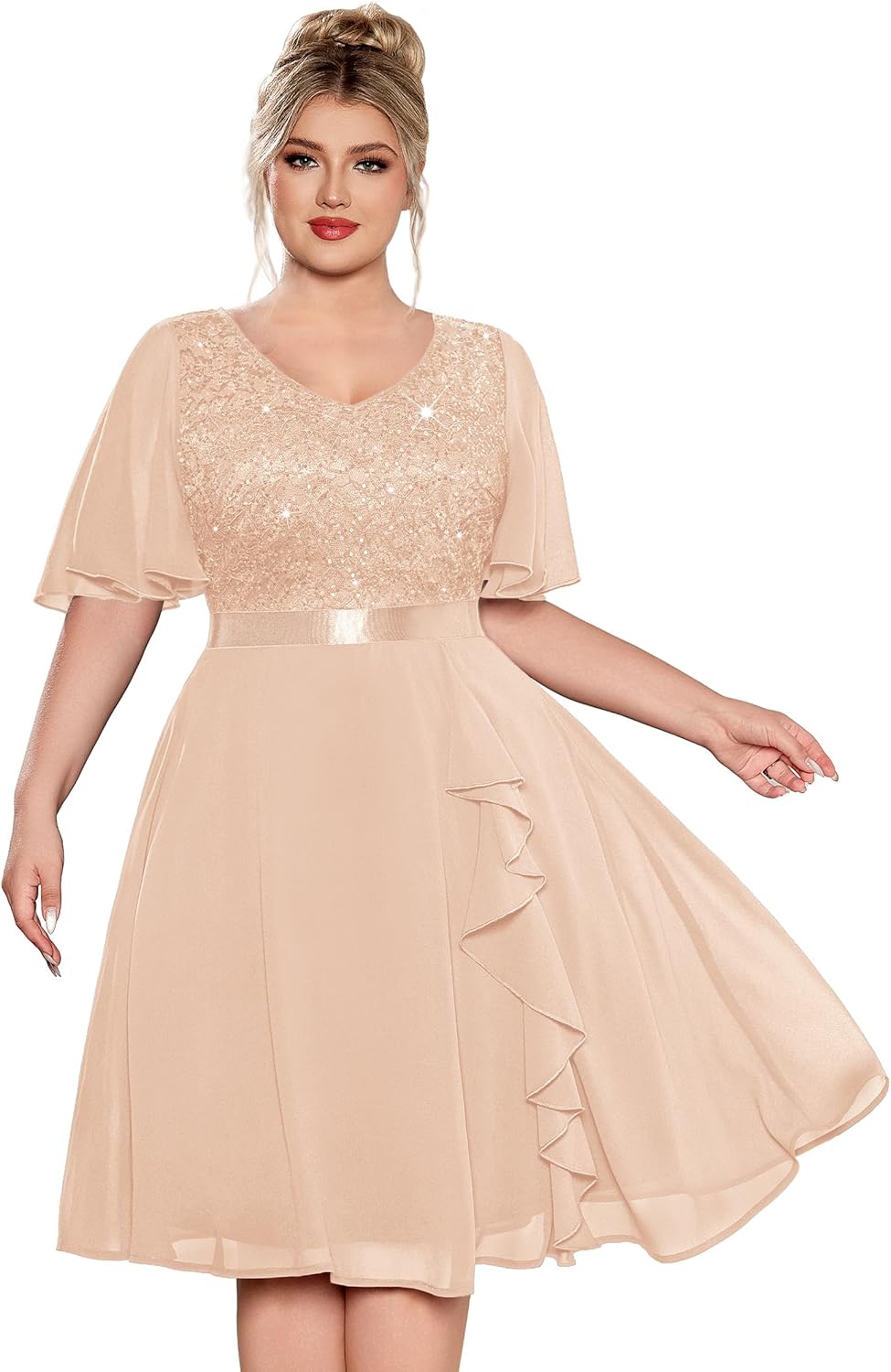 MISSMAY Women's Plus Size V-Neck Sequin Floral Lace Ruffle Style Cocktail Dress for Wedding Guest