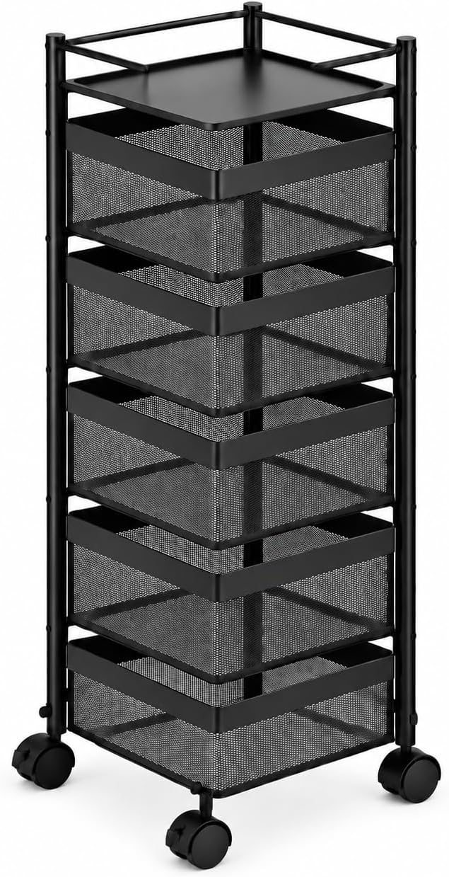 Sulfar Multi Purpose Trolley Storage Organizer And kitchen accessories items for Kitchen Storage Rack Square Design Fruits & Vegetable Onion Cutlery (Matt Black, 5 Layer Drawer)