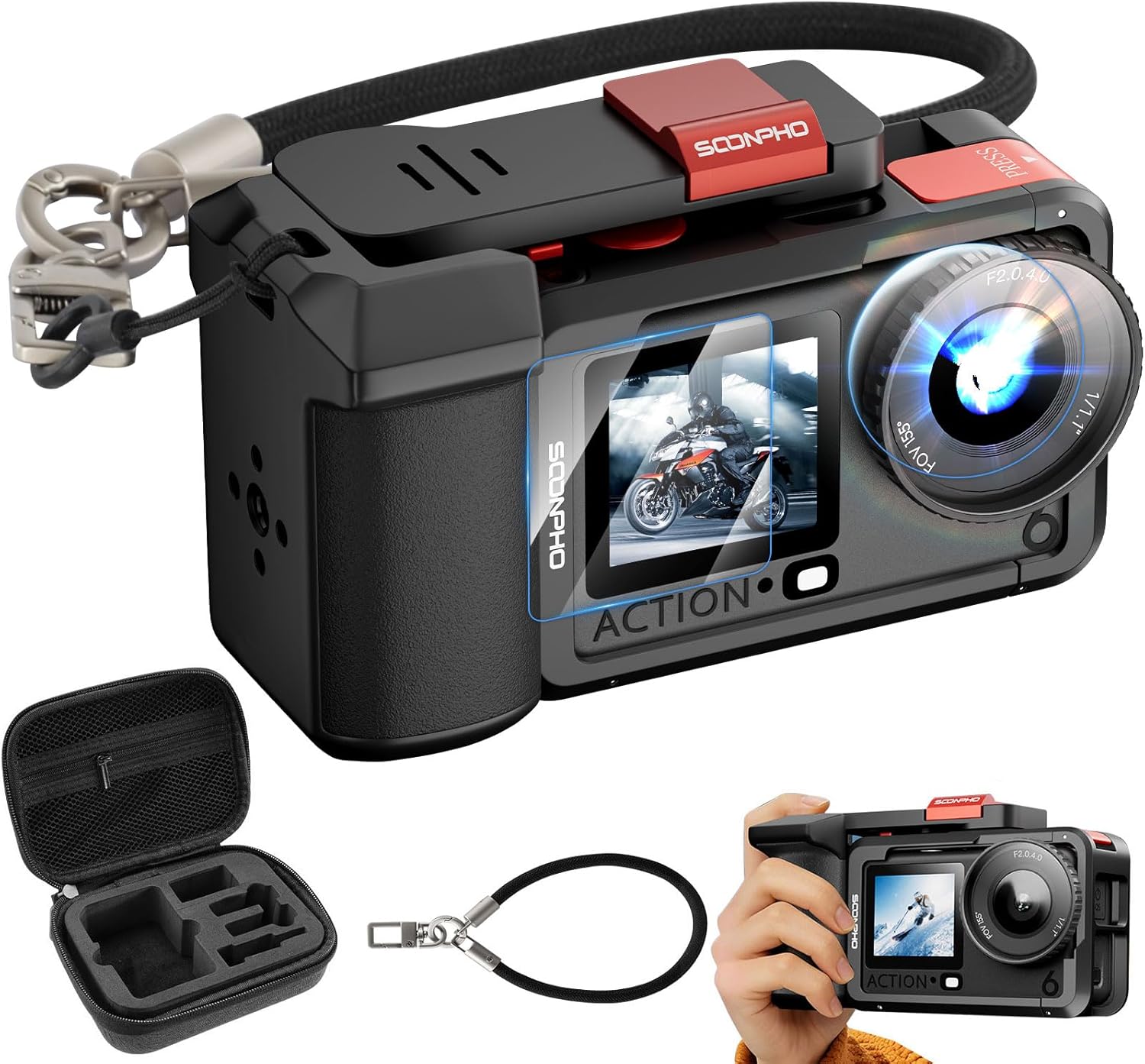 Soonpho Handle Grip Kit for DJI Osmo Action 6 Cage Aluminum Alloy Shell Seesaw Shutter Button Cold Shoe ＆ 1/4" Thread Quick Battery Access with Wrist Strap Storage Bag Screen Protector(Black