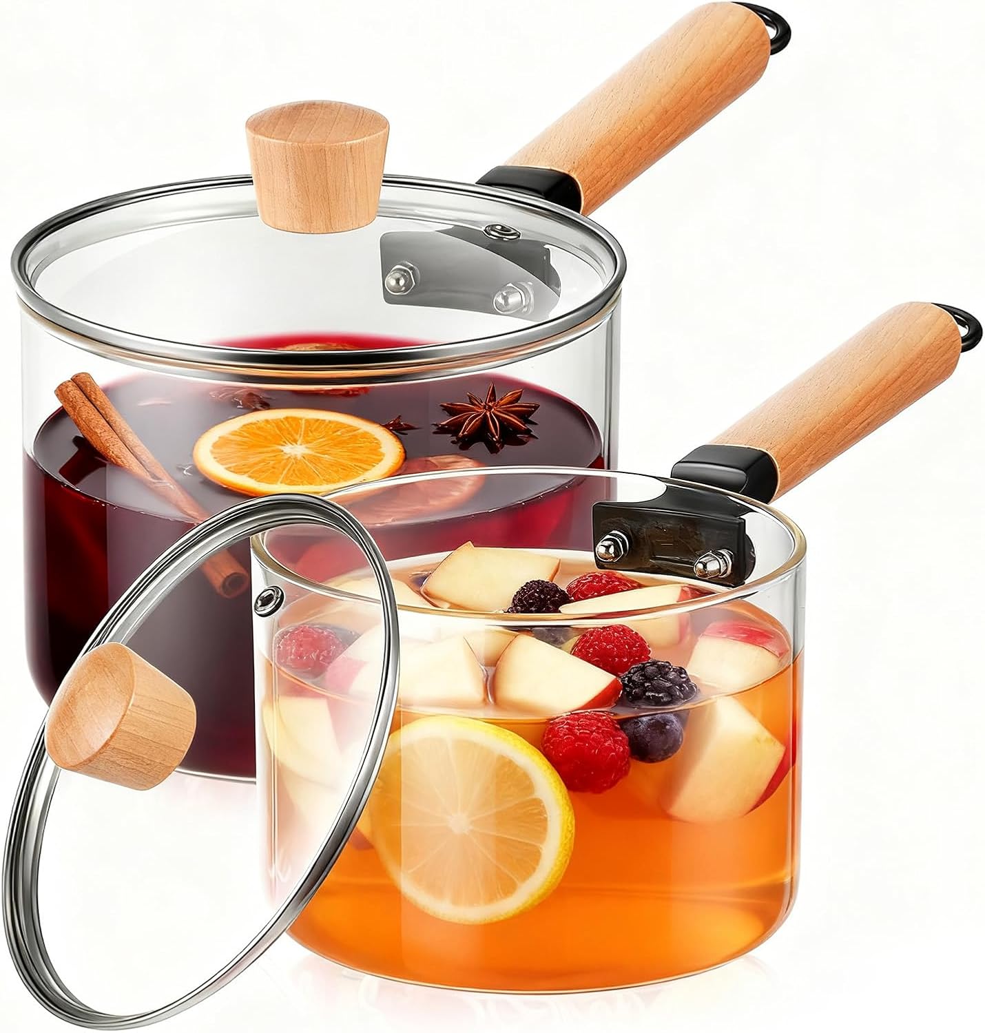 2 Pcs Simmer Pot, 53 Oz/ 1.5 L and 67.6 Oz/ 2 L Glass Cooking Pot, Heat Resistant Potpourri Simmer Pots for Cooking Mulled Wine, Cocoa, Simmers Pots Mix, Noodles(Smooth)