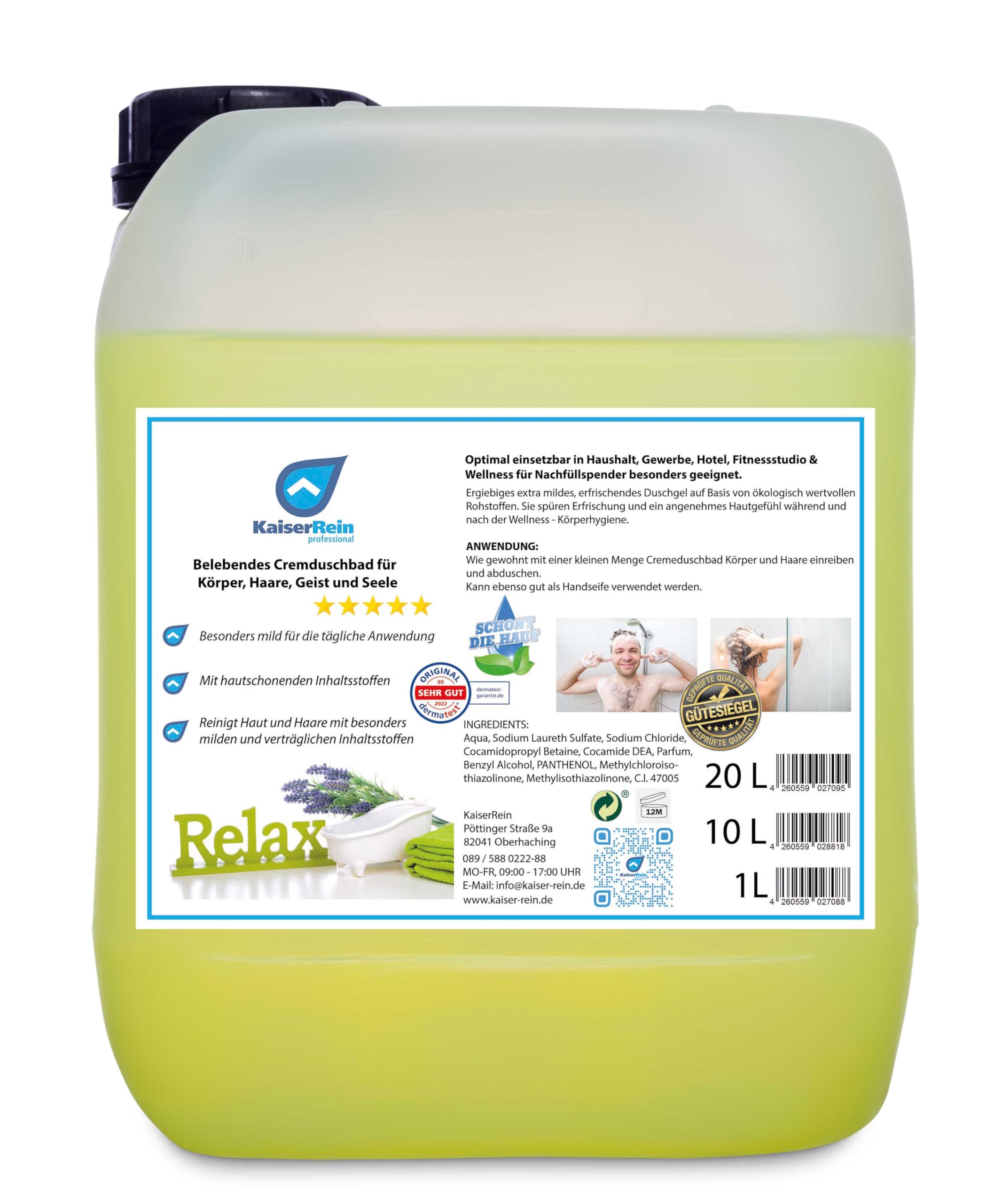 KaiserRein Duschgel 20 L Cremdusche-bad für Körper, Haare, Geist und Seele I DERMATEST - Sehr Gut I Herren/Männer Damen/Frauen