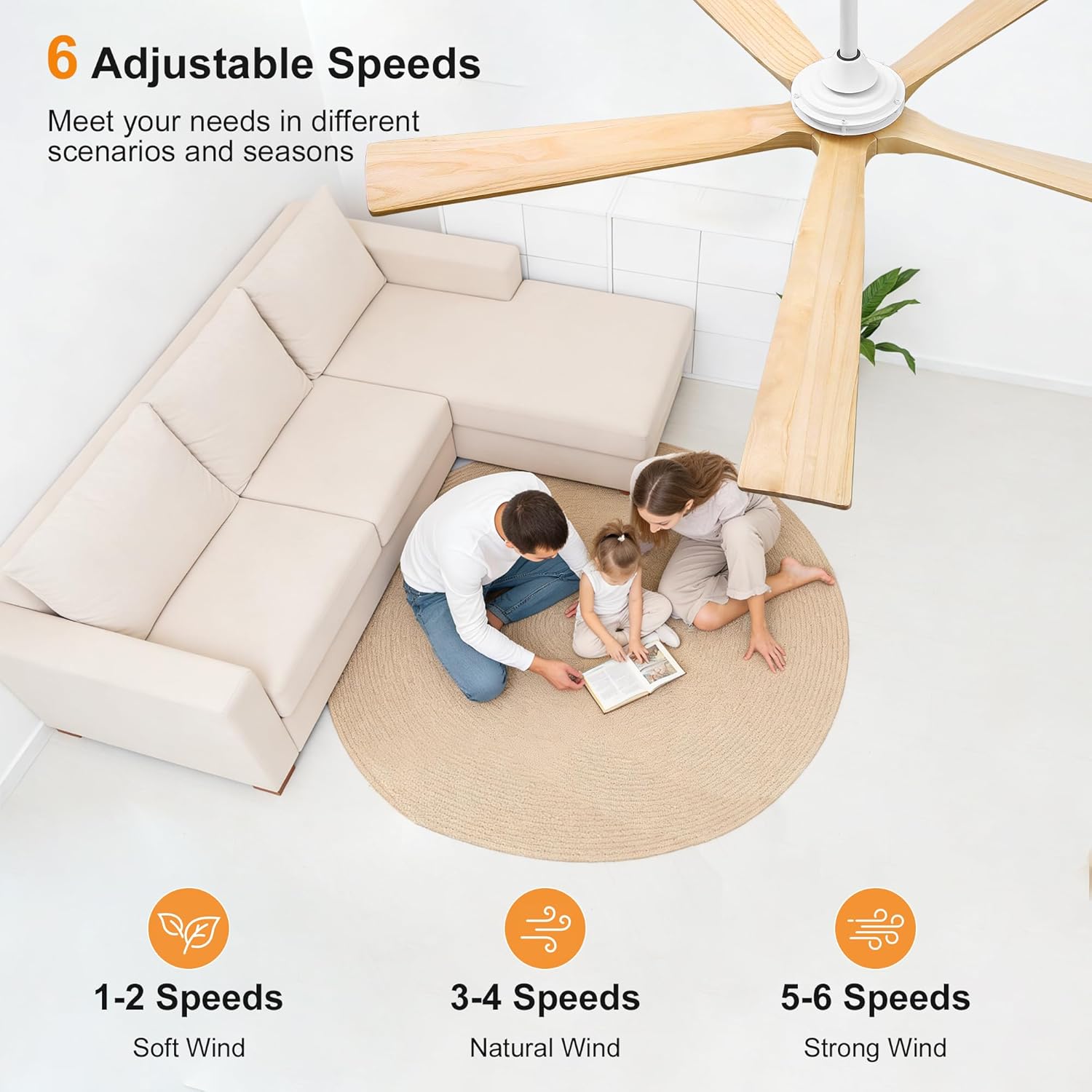 WINGBO 60 Inch Ceiling Fan without Light - 5 Carved Solid Wood Blades, 6-Speed Reversible DC Motor, Noiseless Remote Control Ceiling Fan No Light for Bedroom Living Room Kitchen, White and Oak