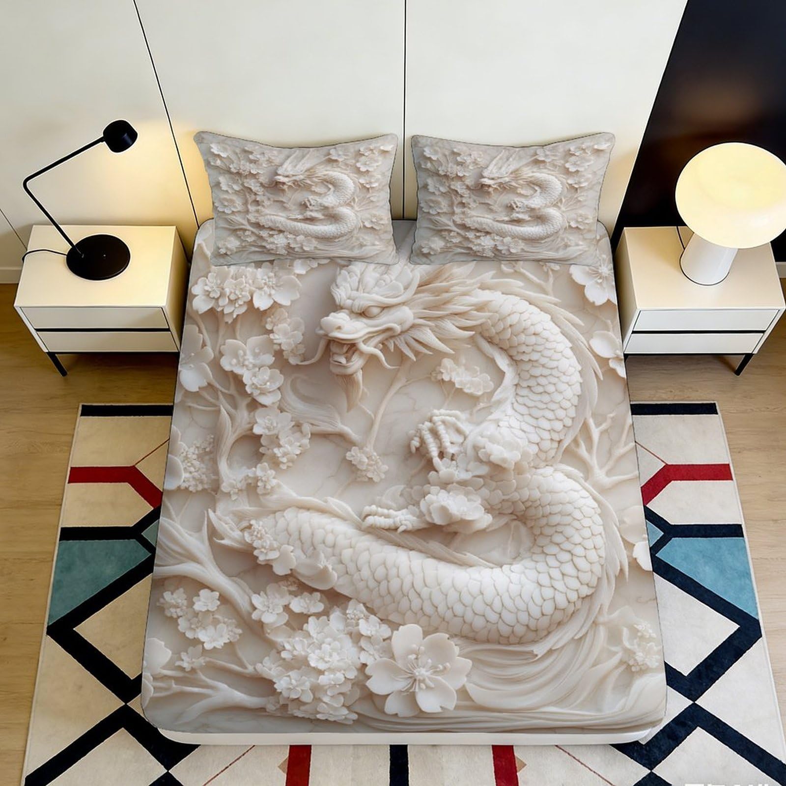 3D Printed Beige Dragon Fitted Sheet Microfiber Anti-Slip Asian Style Bed Sheet for Bedroom Dorm Mattress Decor 90x200x25cm