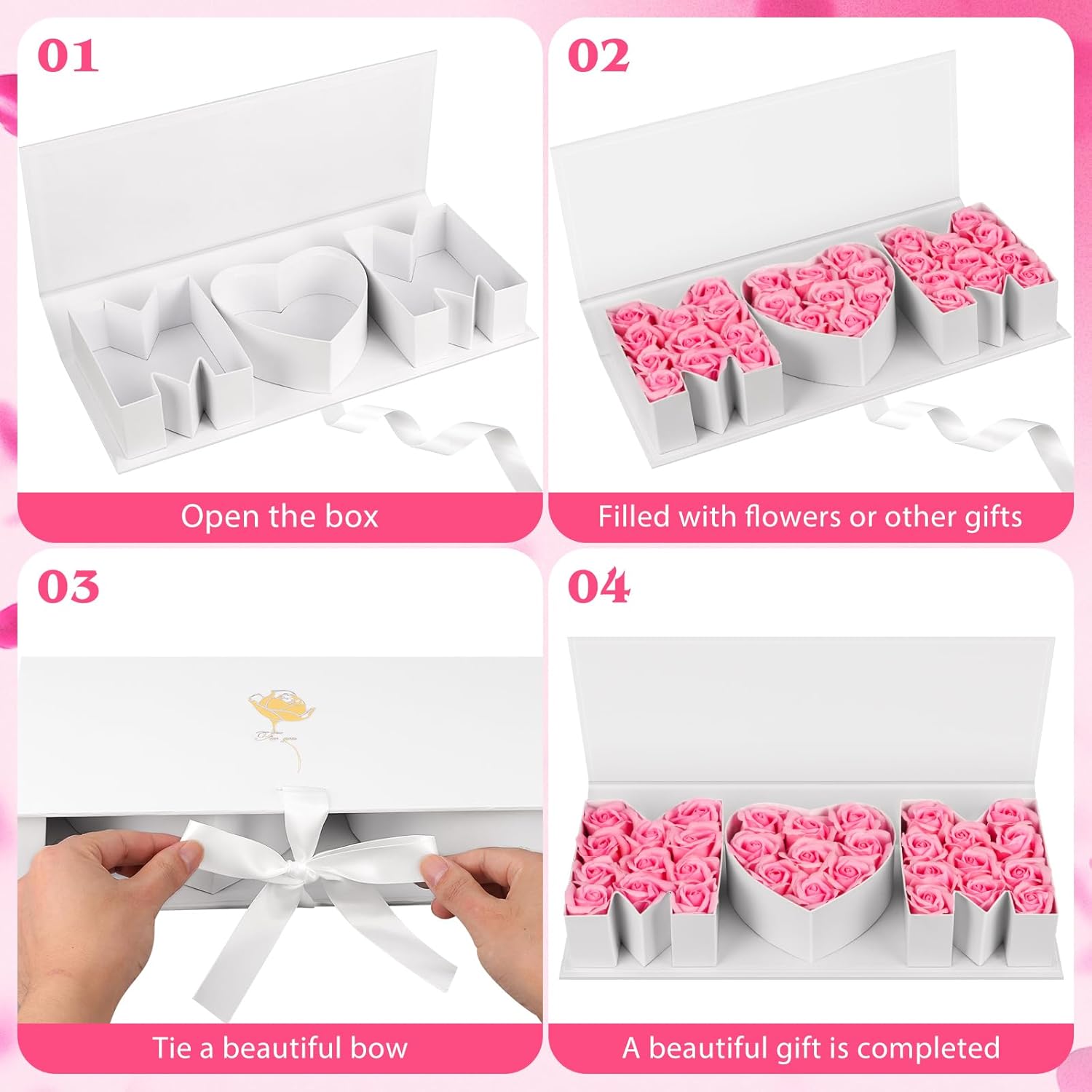 PYQTH 4 Pack Empty Mom Box for Flowers Mothers Day Flower Gift Boxes Thicker Letter Shaped Gift Box Fillable Chocolate Candy Packaging Boxes for Mother's Day Birthday (White)