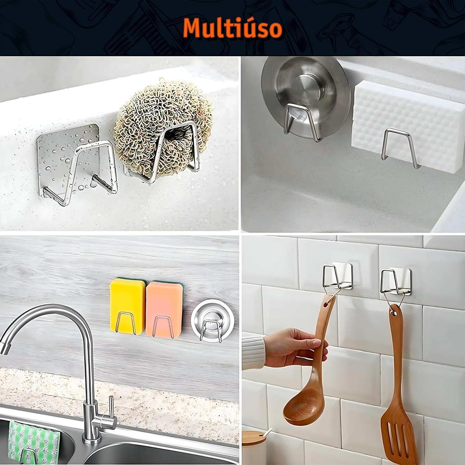 Kit com 2 Suporte de Esponja Gancho Pia Aço Inox Louça Cozinha Inoxidável Suporte para Sabonete Pia de Cozinha Adesivo para Bucha - IT Kit com 2 Suporte de Esponja Gancho Pia Aço Inox Louça Cozinha Inoxidável Suporte para Sabonete Pia de Cozinha Adesivo para Bucha - IT