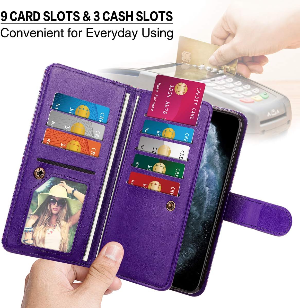 HianDier Compatible with iPhone 11 Pro Max Wallet Cases 6.5 Inches with Card Holder 9 Slots Detachable PU Leather Flip Cover Shockproof Magnetic Clasp Lanyard Dual Layer Case, Ethnic Purple