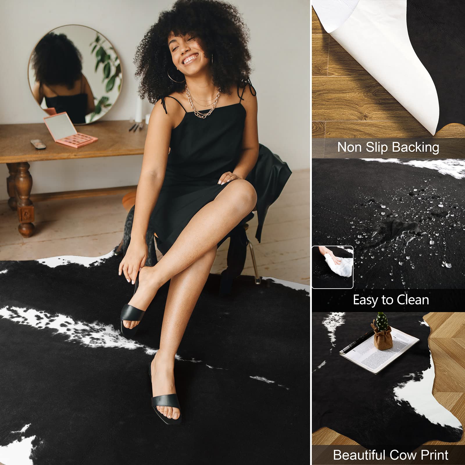 AROGAN Faux Cow Hide Rug, Premium Cow Print Rug Animal Area Rug for Western Decor, Cowhide Rug for Bedroom, Living Room, Cute Cow Decor Black and White, 6.2 x 7 Feet