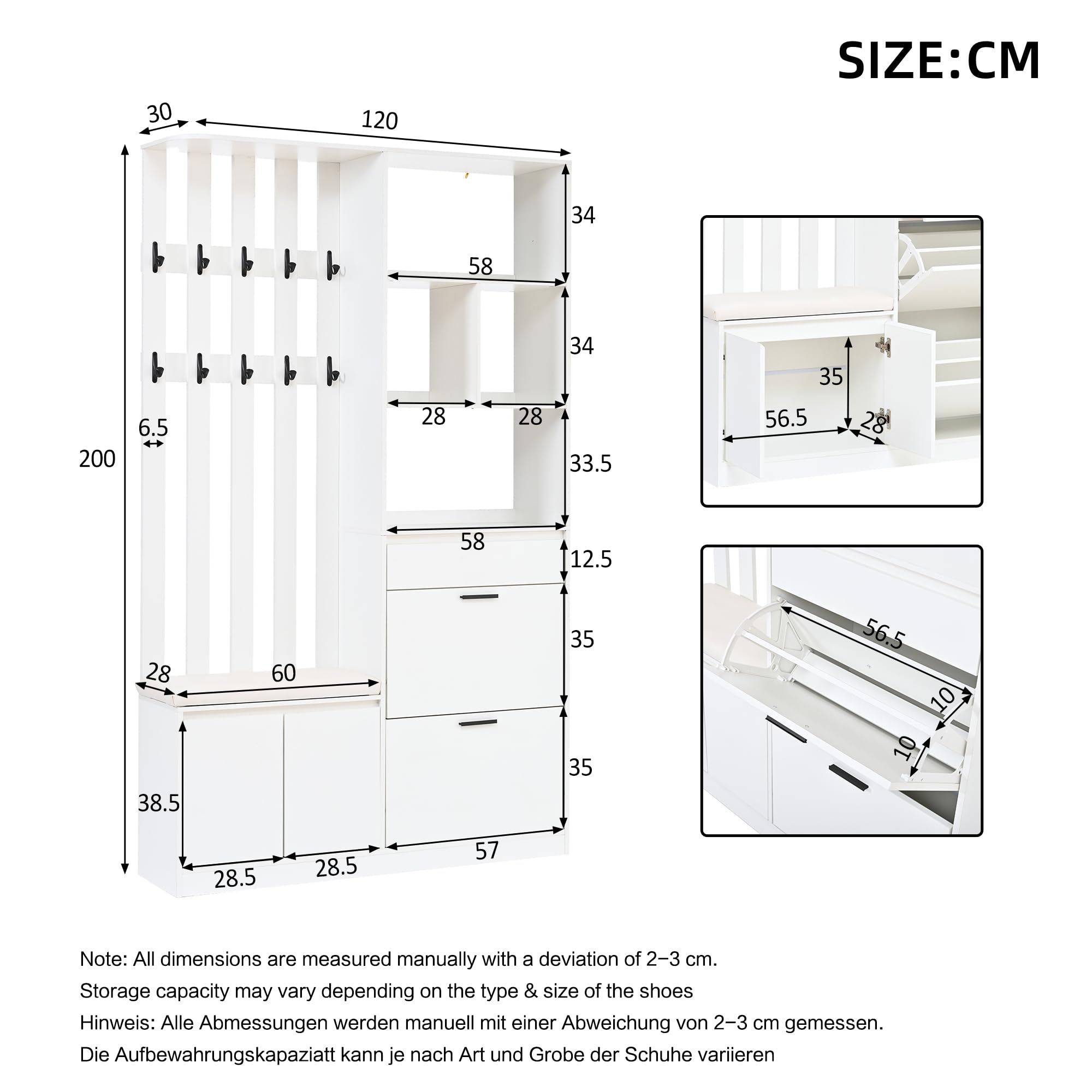 REXO Set di guardaroba, elegante e compatto, pratico appendiabiti da parete (bianco1, 120 x 30 x 200 cm)