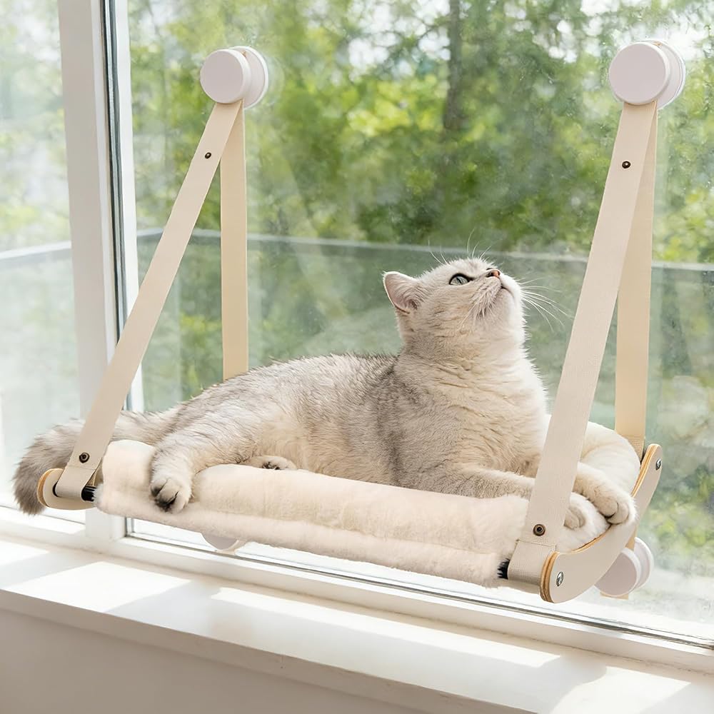 Cat Window Perch with 4 Strong Suction Cups | Cat Hammock for Window, Easy Assembly, Solid Wood Frame with Large Cats Bed, Supports Up to 40lbs for Indoor Cats