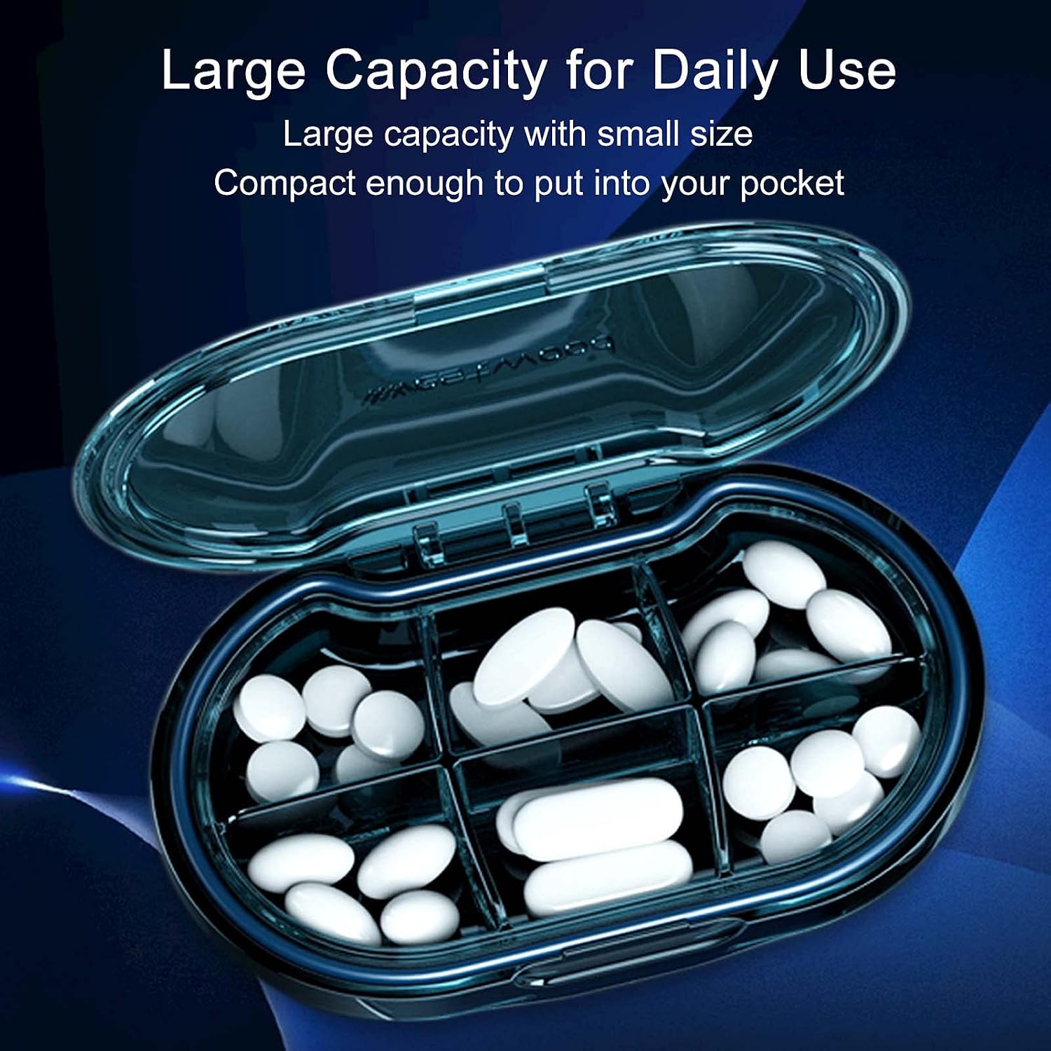 Portable Pill Box Pill Organizer Waterproof Pill Case SOFISO Travel Medicine Organizer for Purse or Pocket Daily Medication Carry Case with Removable Compartment to Hold Vitamins, Cod Liver Oil (Blue)
