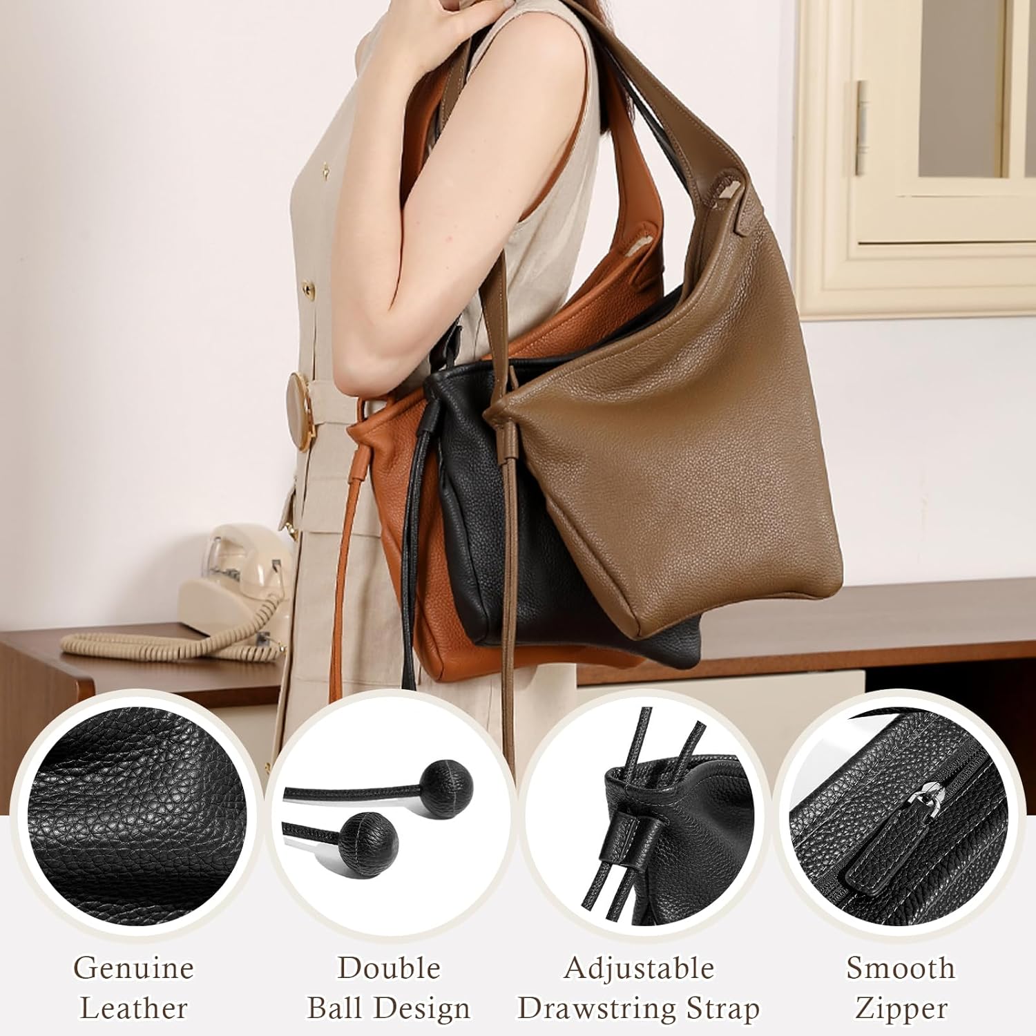 Hobo Bags for Women, Genuine Leather Tote Bag, Slouchy Shoulder Purse, Crossbody Bags for Everyday Travel