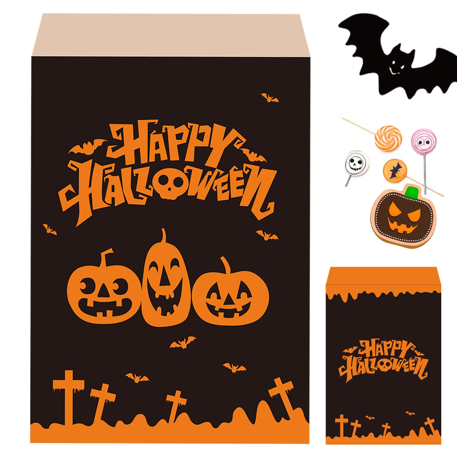 MOMAHUA 100pk Halloween Treat Bags,Small Paper Sweet Bag,5''x7'' Black Orange Sweetie|Popcorn|Bread Sandwich|Biscuit|Goody Bag,Kraft Paper Pumpkin Party Bags for Snacks,Cake Gift,Halloween Decor — image 1