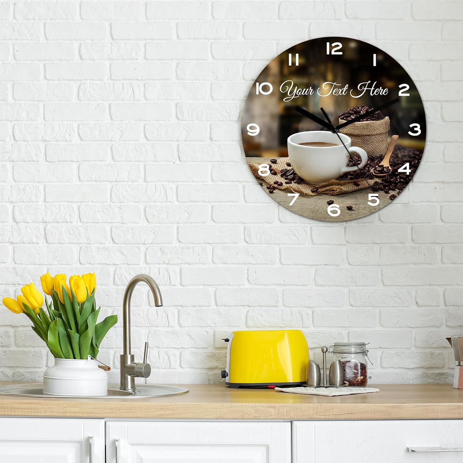 Personalized Custom Coffee Cup Wall Clock Silent Non-Ticking Wooden Wall Clocks Battery Operated Decorative for Living Room Bedroom Office Kitchen Dining Room Farmhouse Home (MDF No Solid Wood)