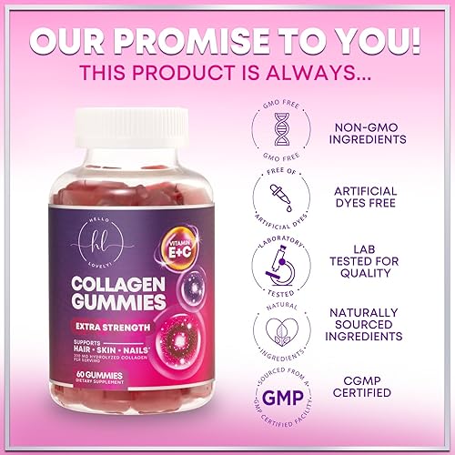 Vista 4 de Gomitas de péptidos de colágeno con 2500 mcg de biotina, suplemento de colágeno hidrolizado tipo I y III con vitamina C y zinc, soporte