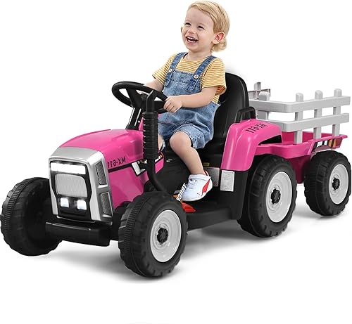 Miniatura 1 de OLAKIDS Tractor de paseo de 12 V para niños, ruedas 2 en 1 con remolque desmontable, vehículo eléctrico con control remoto parental, cambio de 3