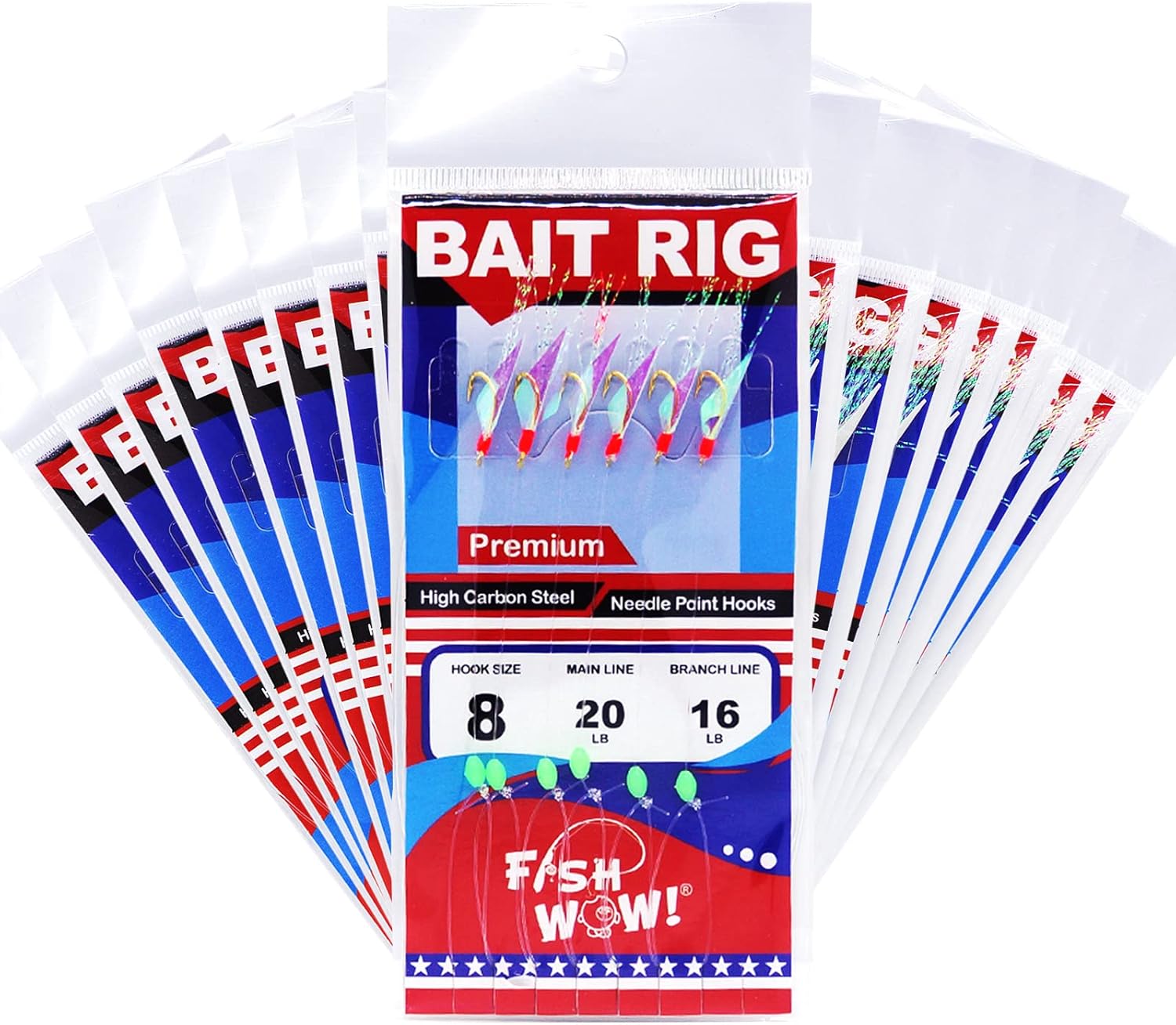 20pks Fish WOW! Size 8 Fishing Bait Rigs Premium Quality Bait Six Gold High Carbon Steel Hooks Piscatore Lure w/Red Head, Luminous Beads and Ball Barrel Bearing Swivel Interlock snap connectors