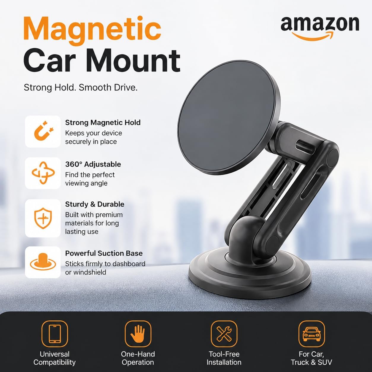 MagSafe Car Phone Mount, Foldable Dashboard Magnetic Phone Holder for Car, 360° Adjustable Long Arm Hands-Free Cell Phone Mount Compatible with iPhone 16 15 14 13 12 Pro Max & All Smartphones