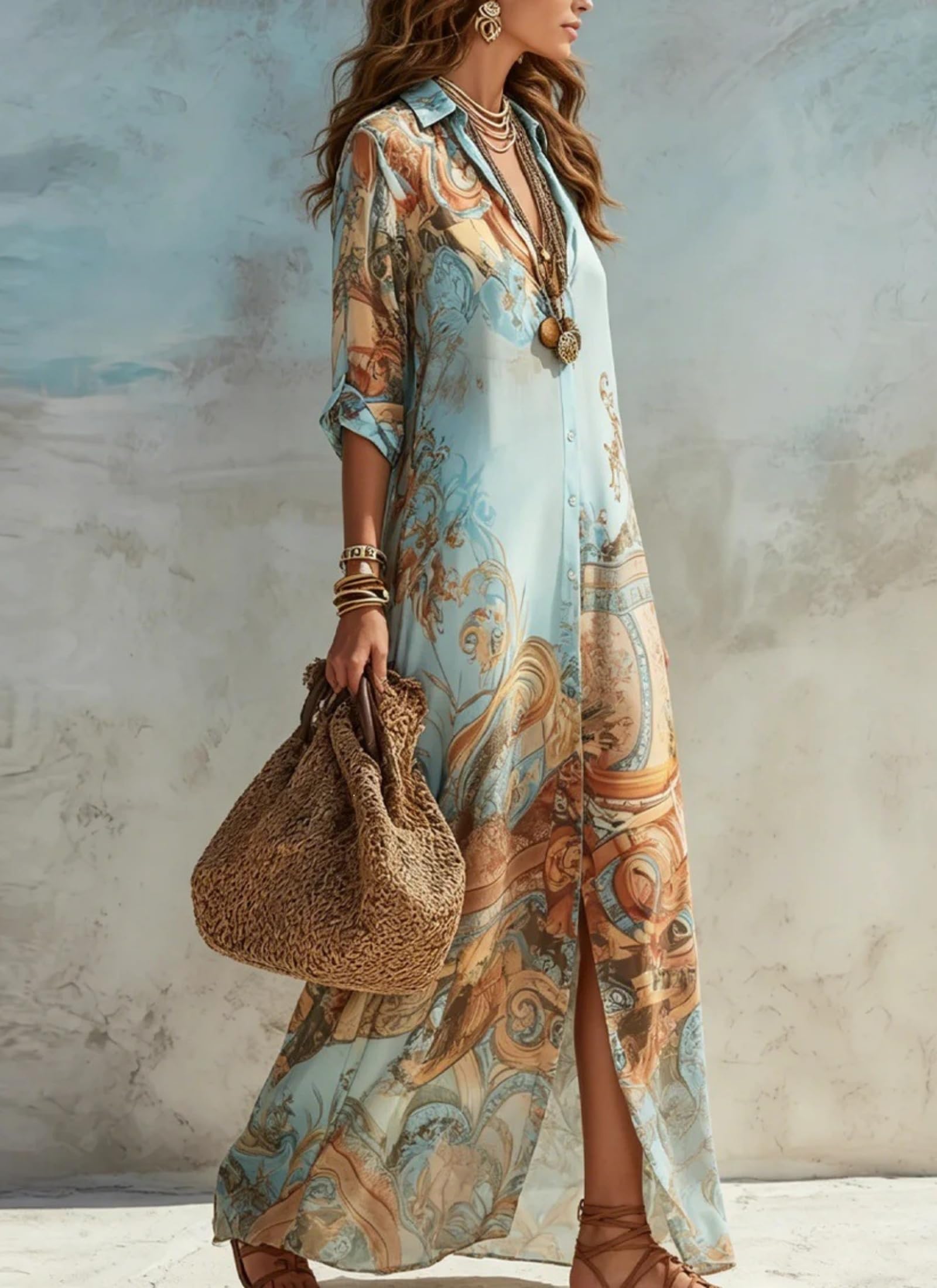Generico Abito Lungo da Donna Stile Boho con Scollo a V e Maniche Lunghe, Stampa Floreale, vestibilità Ampia, Casual, Vintage, Western, per Vacanze e Spiaggia 2026