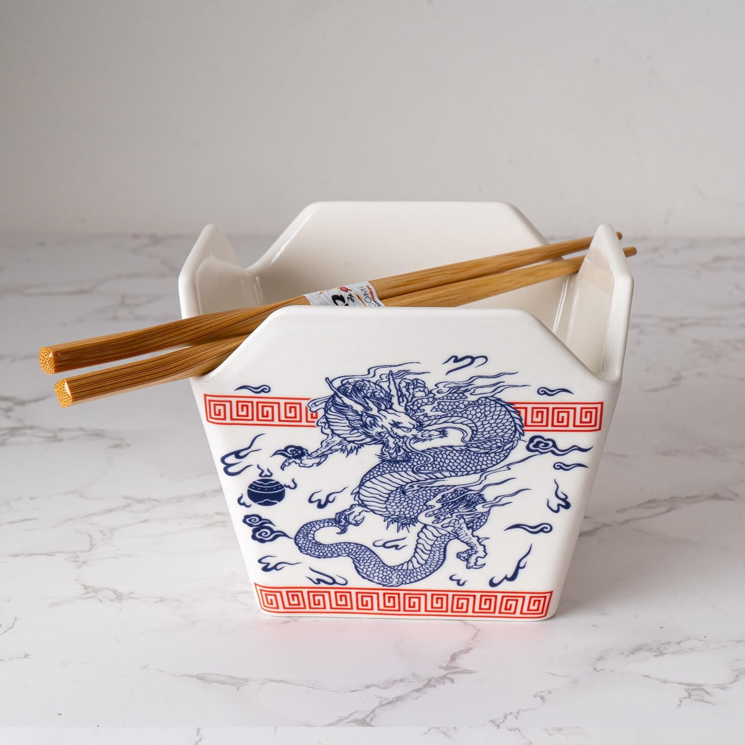 Urban Tokyo Chinese Takeout Box Style Porcelain Bowl With Chopsticks 18 fl oz Square Shape Rice Noodles Pasta To Go Shaped Microwave Dishwasher Safe (Oriental Dragon) image 3