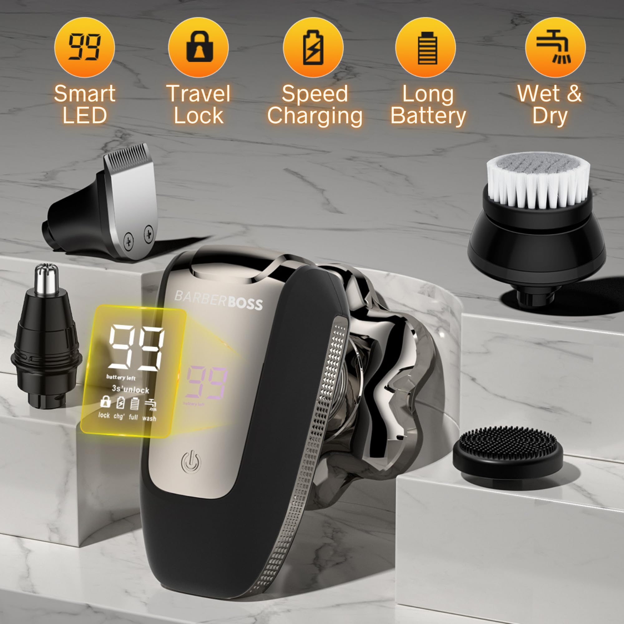 BarberBoss Rasoir à tête chauve 7D pour homme – Rasoir rotatif magnétique, toiletteur électrique 5 en 1 avec écran LED, charge USB-C, tondeuse à barbe et nez, kit de toilettage facial tout-en-un