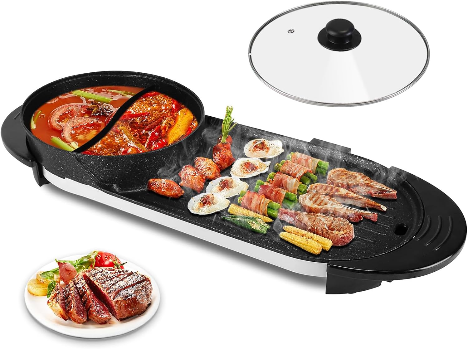 Hot Pot Electric with Grill, 2 in 1 Smokeless Non-Stick Shabu Shabu Pot with Korean BBQ Grill, Independent Dual Temperature Control, 2200W Fast Heating, for Family Gatherings or Friends' Parties