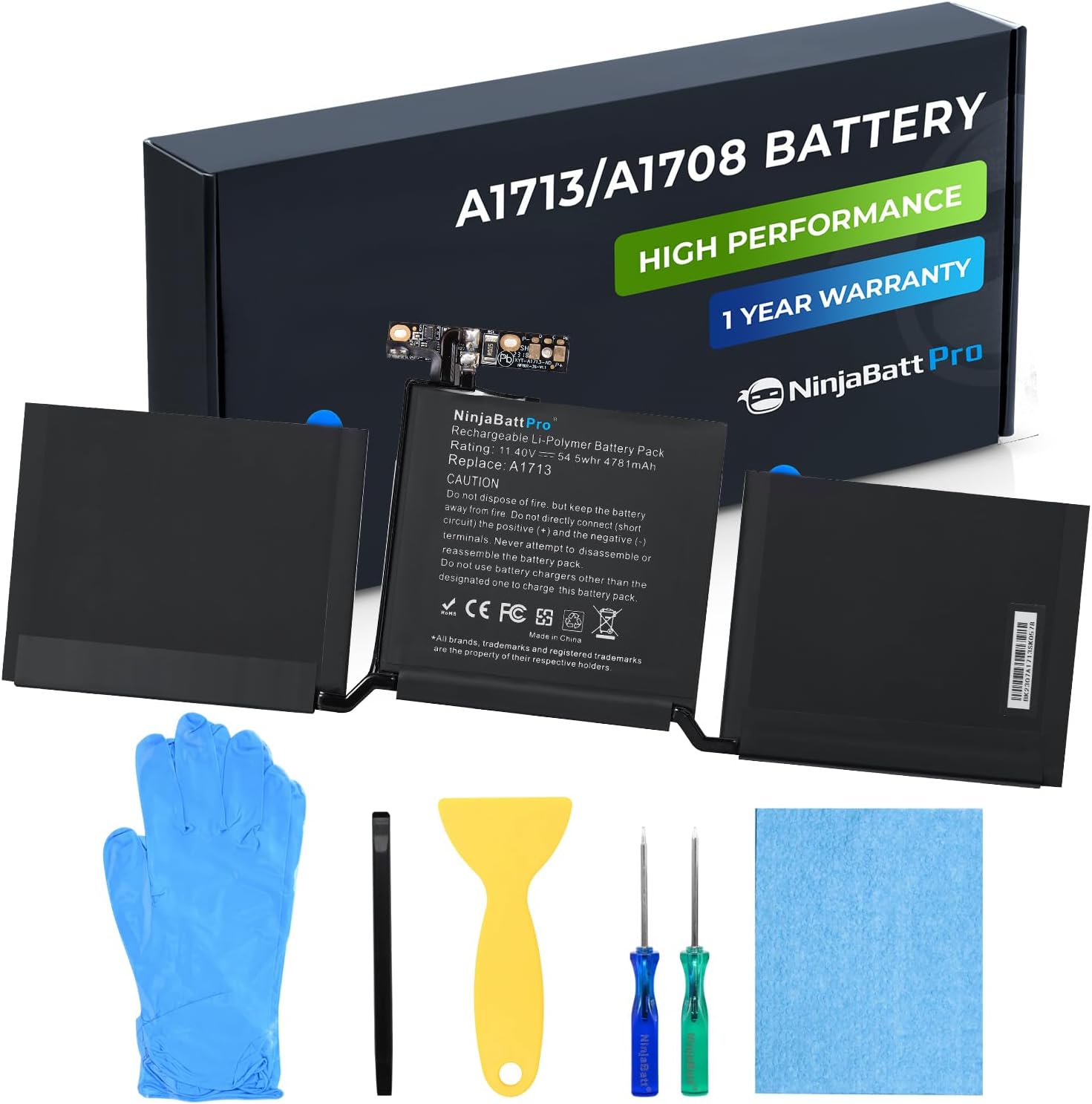 NinjaBatt A1713 A1708 Replacement Battery for MacBook Pro 13-inch - A1708 (Late 2016, Mid 2017 Years) A2159 (2019) A2289 (Mid 2020) A2338 (M1 Late 2020) - Long Lasting Performance [4781mAh/54Wh/11.4V]
