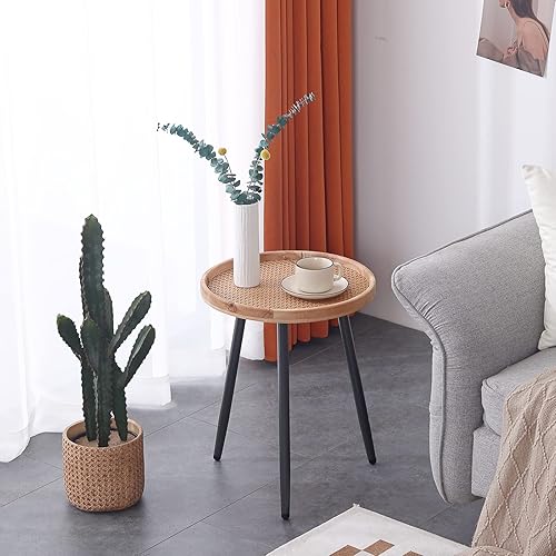 Miniatura 31 de Tiita Mesa auxiliar redonda mental, mesita de noche, mesas pequeñas de madera, mesa de centro con bandeja de madera para sala de estar, dormitorio,
