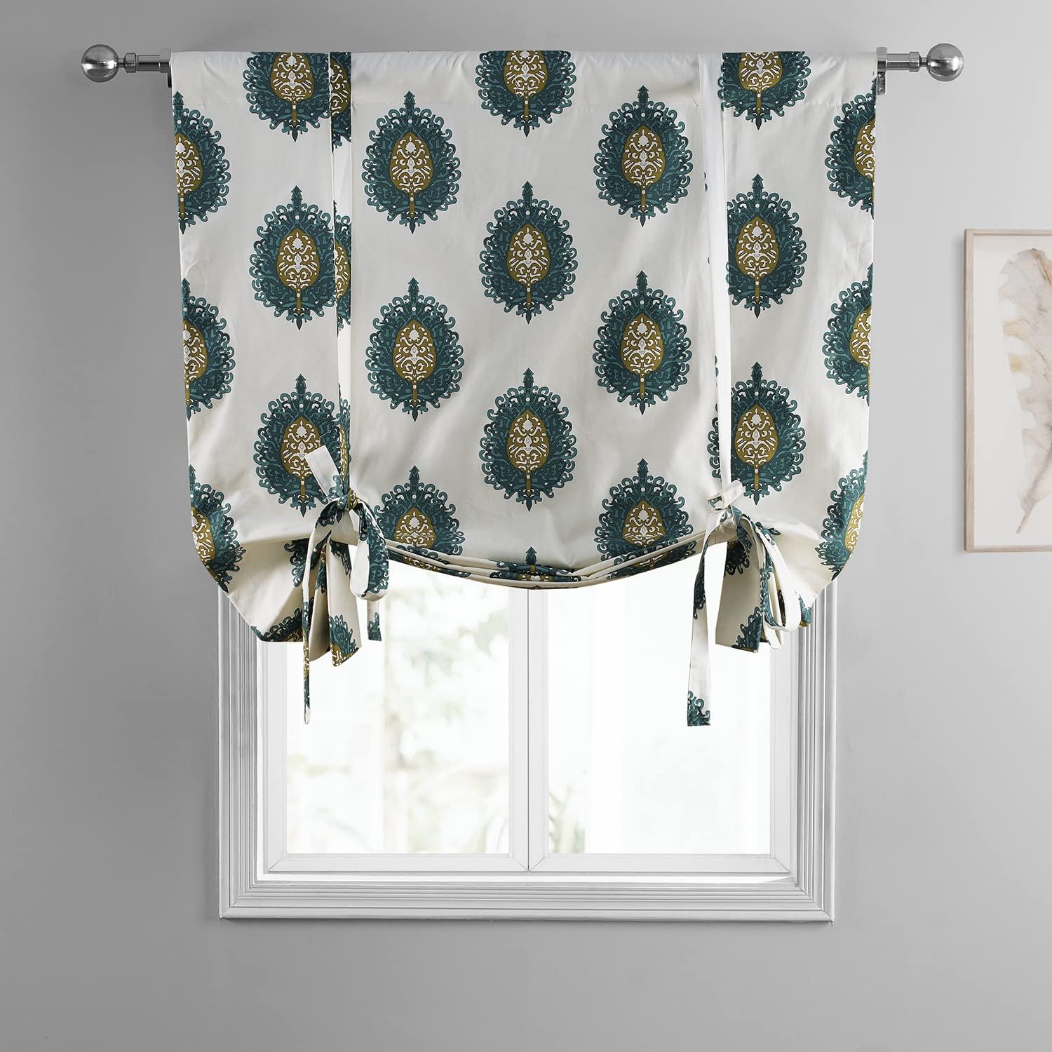 HPD Half Price Drapes Room Darkening Tie Up Curtains 46 X 63 Inch Mayan Printed Cotton Window Roll Up Balloon Curtain for Living Room, Kitchen PRTW-TUD02-63 (1 Panel), Mayan Teal