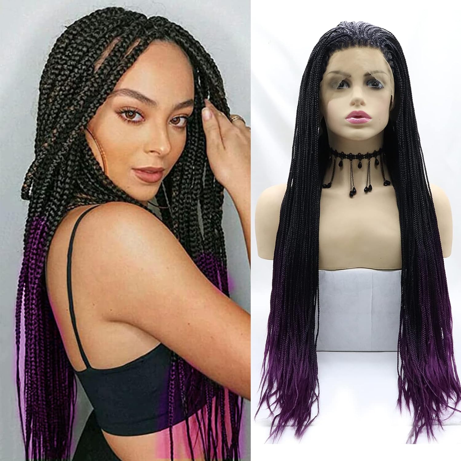 Box Braids Wig Long Ombre Black Purple Synthetic Lightweight Twist Braided Wigs for Black Women Hand Cornrow Braids Wig Glueless Fully Swiss Lace Front Heat Resistant Fiber Hair 26Inch