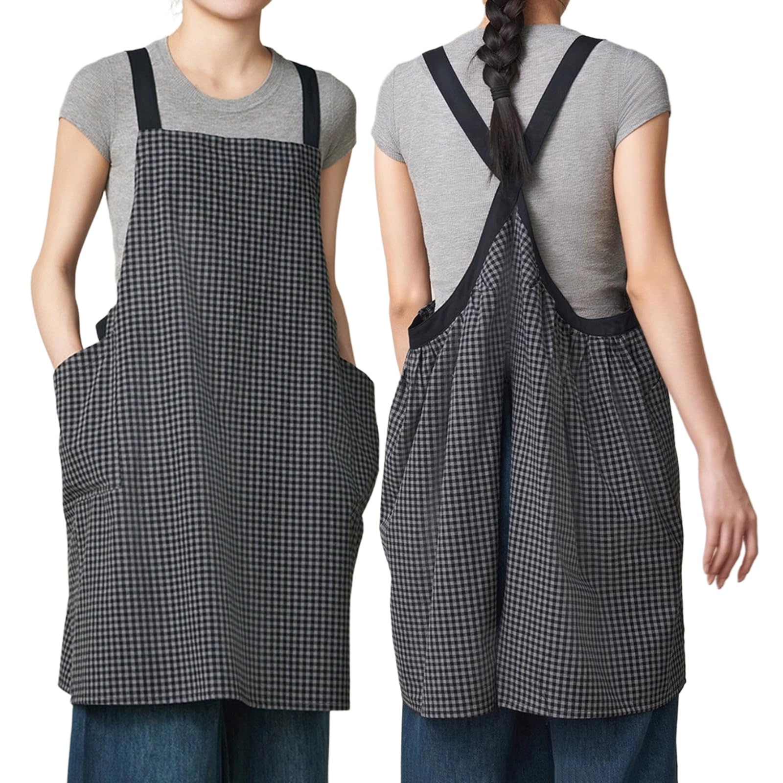 Delantal Mujere De Algodón con 2 Bolsillos, Japón Estilo, Delantales Cocina para Mujeres Cocinar Y JardineriaGrey,One Size