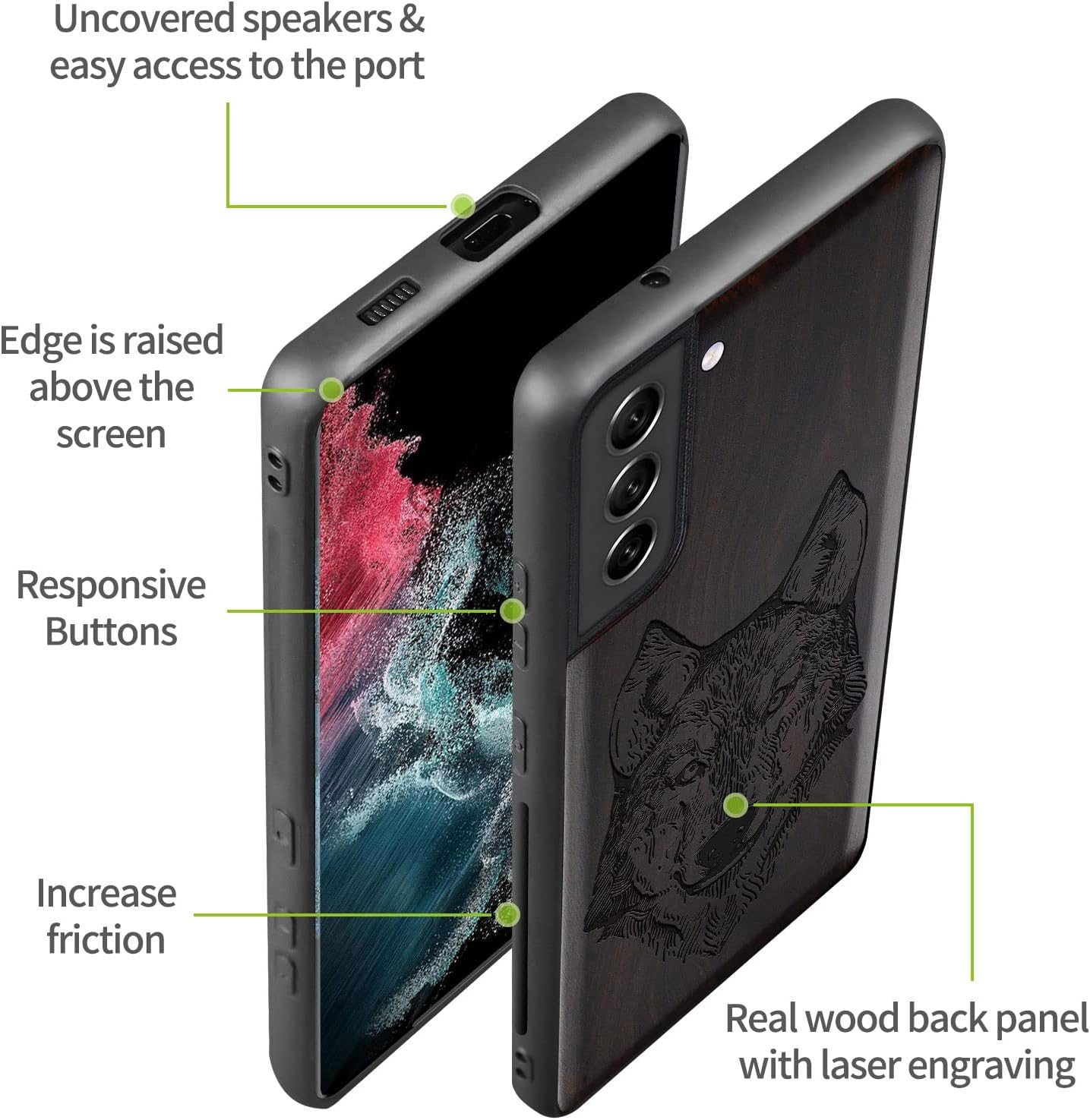 Carveit Wood Case for Galaxy S22 Case [Natural Wood & Black Soft TPU] Shockproof Protective Cover Unique & Classy Wooden Design Compatible with Samsung S22 (Wolf Head-Blackwood)