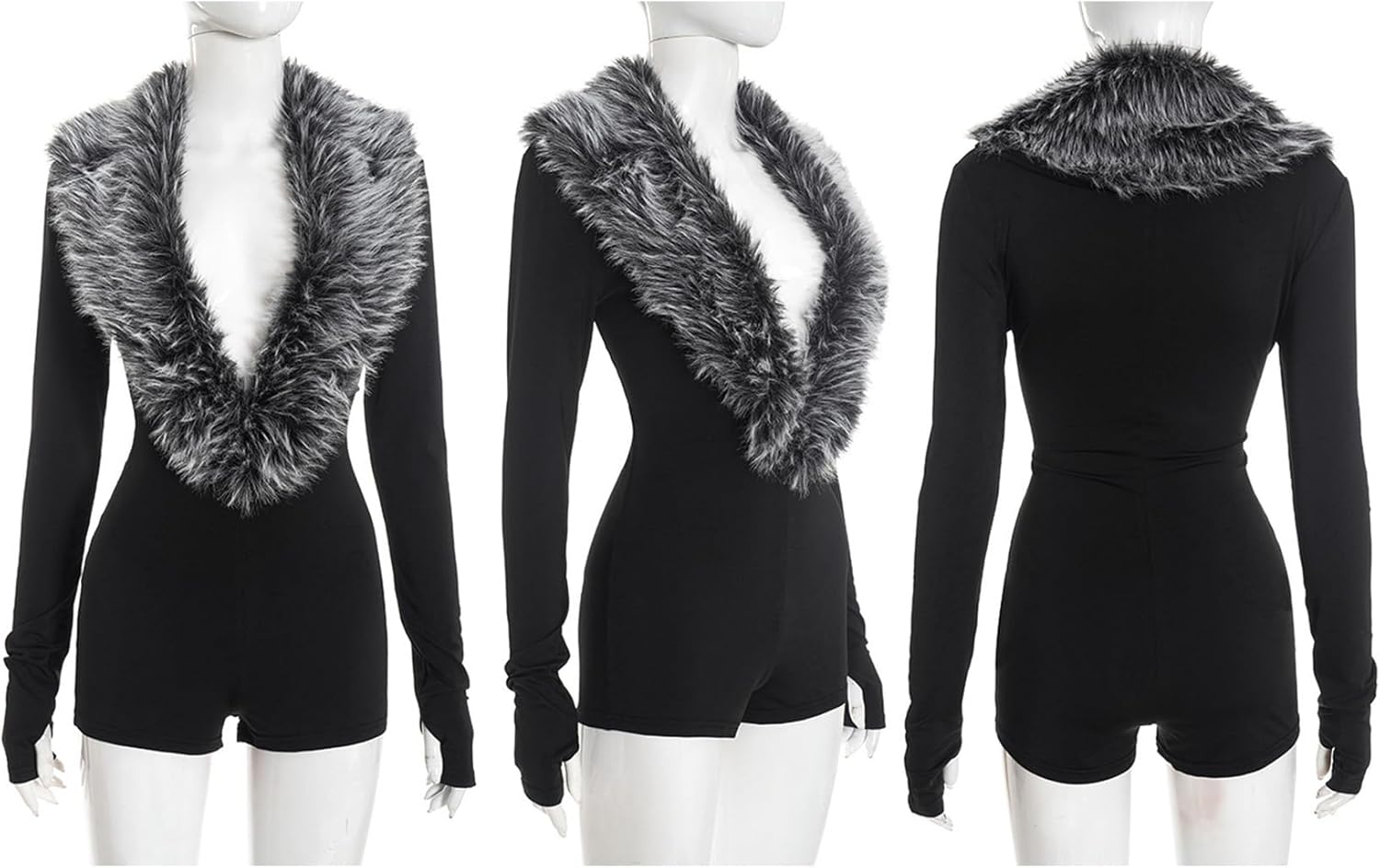 Women's Sexy Faux Fur Jumpsuit V Neck Long Sleeve Sexy Fall Y2k Shorts Rompers One Piece Club Outfits - Image 6