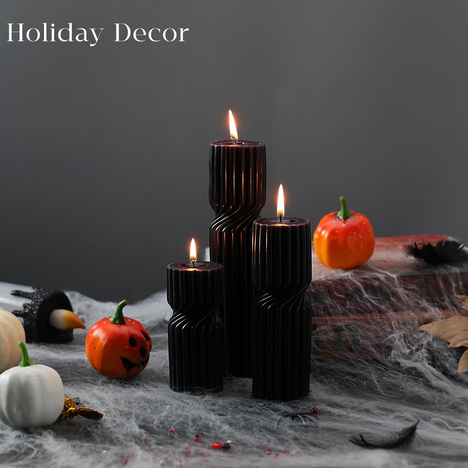 LETINE Black Sandalwood Pillar Candles Set of 3 - Decorative Ribbed Soy Wax Spiral Spire Candles for Home Decor, Bulk Scented Candles for Entryway Table, Living Room& Coffee Table Decor