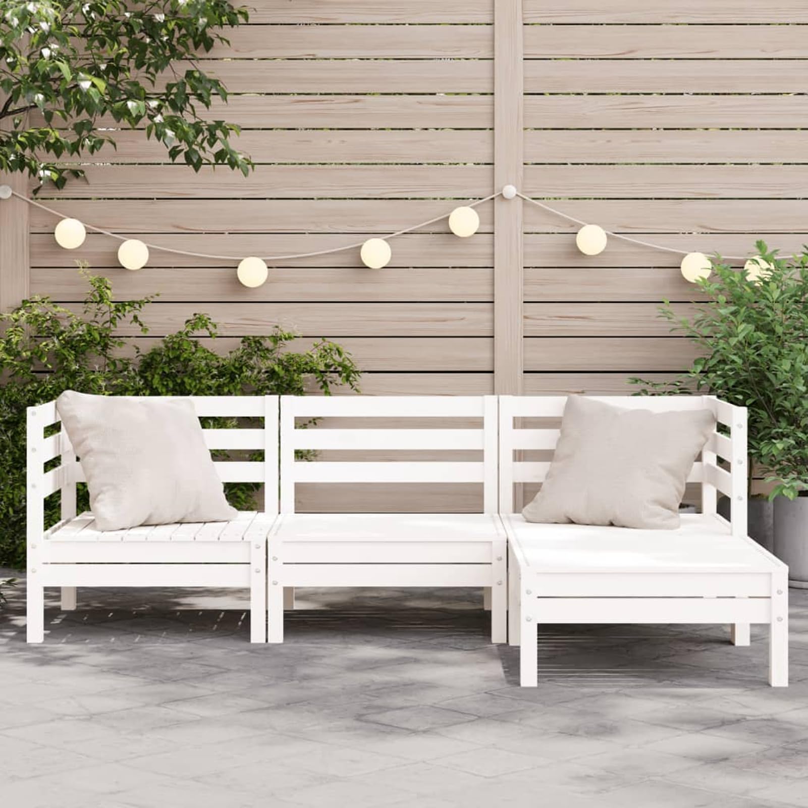 Gecheer Divano da Giardino 3 Posti Con Poggiapiedi, Modulare, Salottino da Esterno, Mobili da Giardino, Bianco Massello Pino