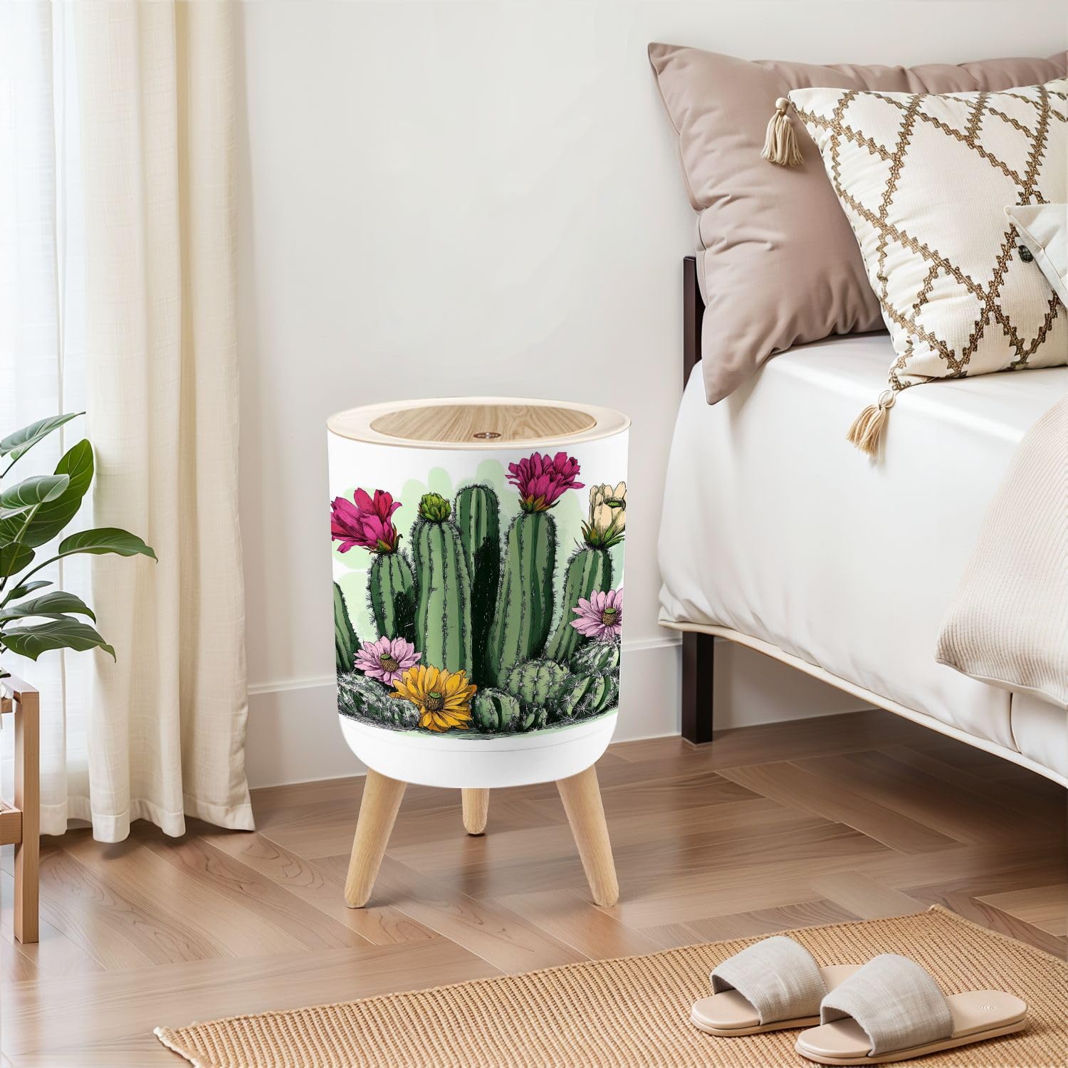 Small Trash Can with Lid Green Succulents Cactus Plants Flowers Hand Drawn White 1.8 Gallon Dog Proof Trash Can Round Garbage Can Waste Bin Wastebasket for Bathroom Bedroom Living Room